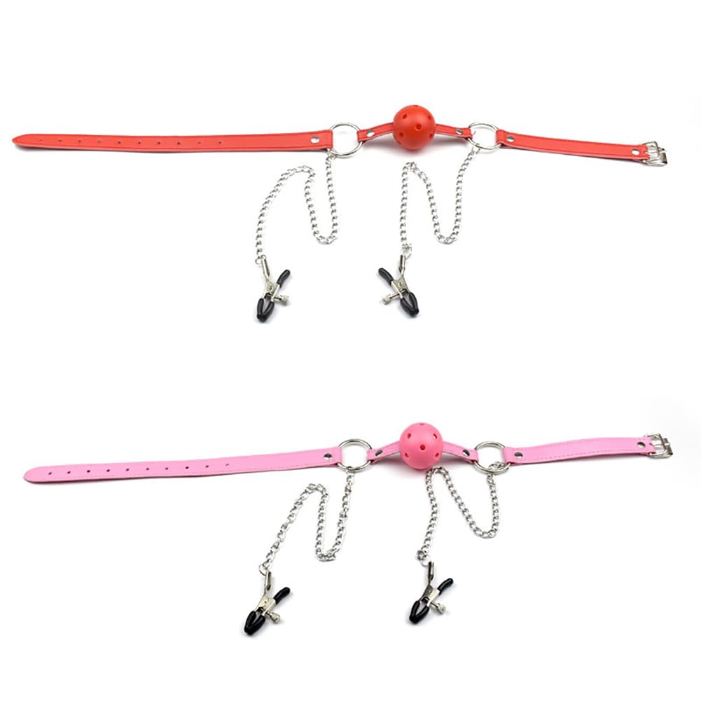 Pink BDSM Ball Gag & Nipple Clamps for Fetish Play
