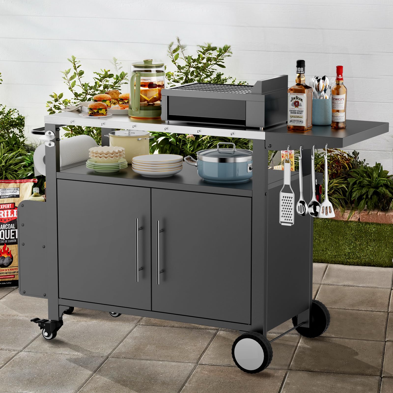 **Portable Outdoor Grill Cart with Storage - Waterproof BBQ Serving Table with Hooks & Spice Rack - Ideal for Backyard Parties, Home Gatherings & Patio Cooking**