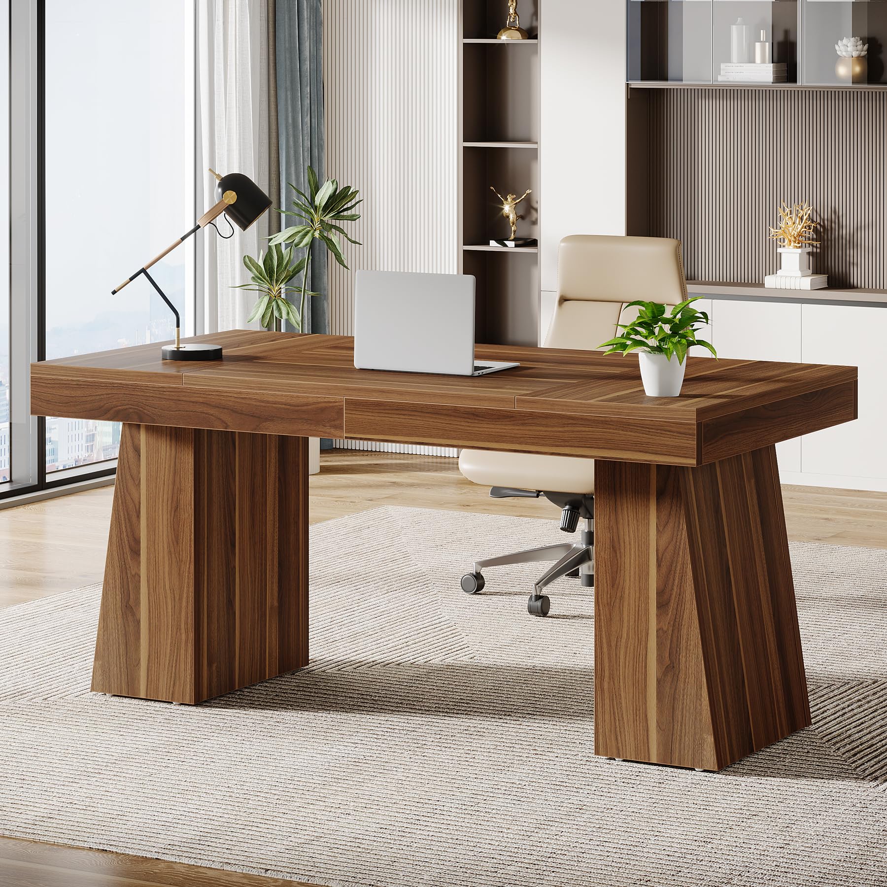 Tribesigns 55 Inch Modern Executive Desk - Mid-Century Style Home Office Desk with Double Trapezoid Base, Wooden Computer Workstation for Business & Study - Perfect for Small Office, Home Office & Conference Room (Brown)