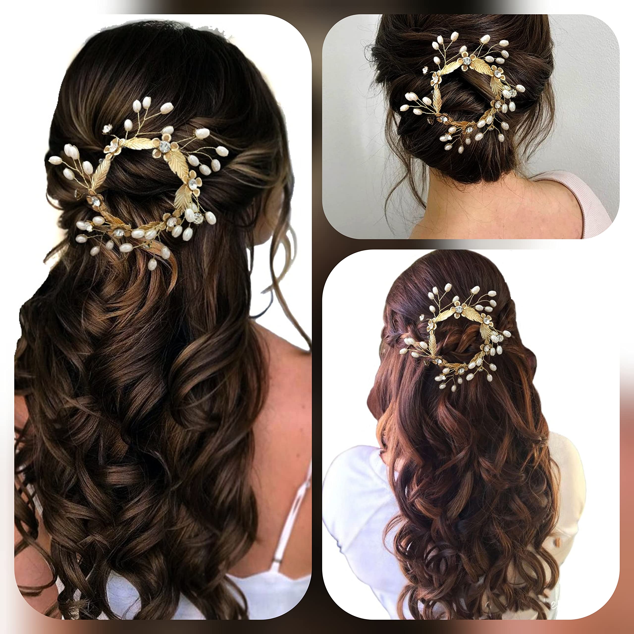 Elegant Gold & White Floral Hair Claw Clip with Metal Leaves, Stones & Pearls - Bridal Hair Accessories for Women & Girls (2437) - Perfect for Weddings, Parties & Everyday Styling