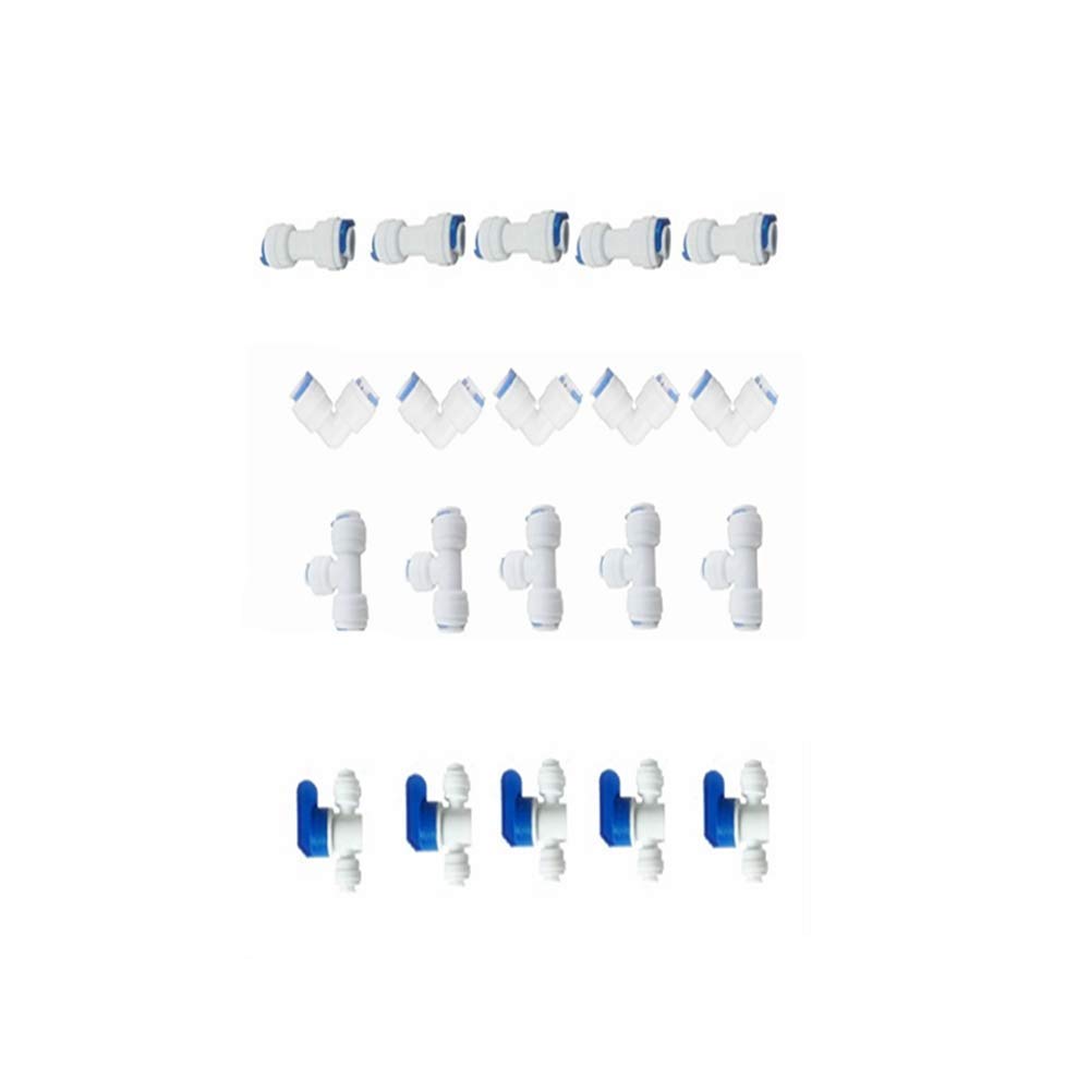 Premium Water Purifier Quick Connector - PE Pipe Bifurcation Joint with Quick Insertion Tee (5+5+5+5) & T+L+I+Ball Valve - 20 Pack for Home RO Systems, Under Sink Filtration & RV Water Purification