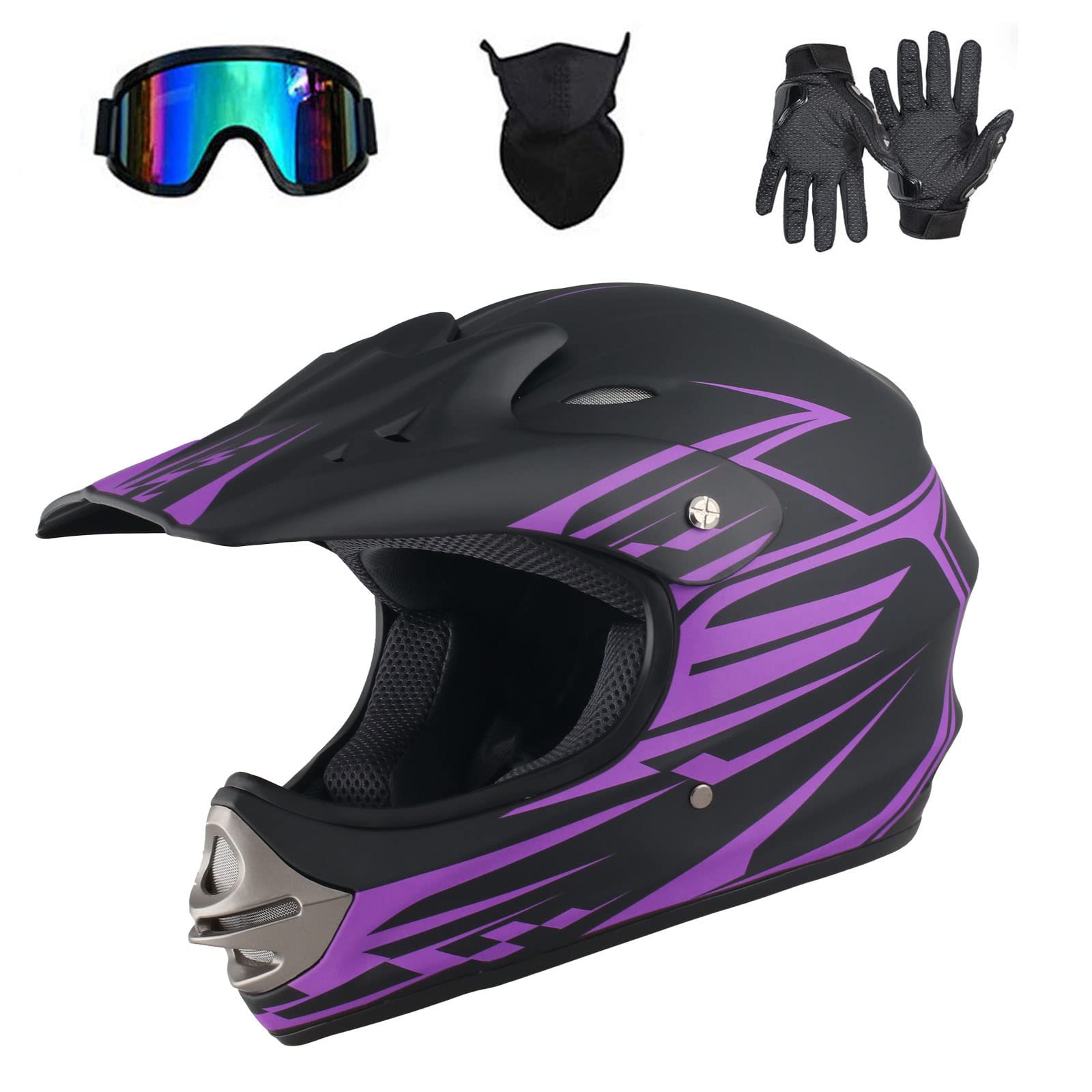 Youth & Kids Motocross Helmet - DOT Certified Full Face Dirt Bike Helmet for ATV, Offroad & Mountain Biking - 4 Piece Safety Gear Set for Boys & Girls - Perfect for Trail Riding, Motocross Racing & Outdoor Adventures