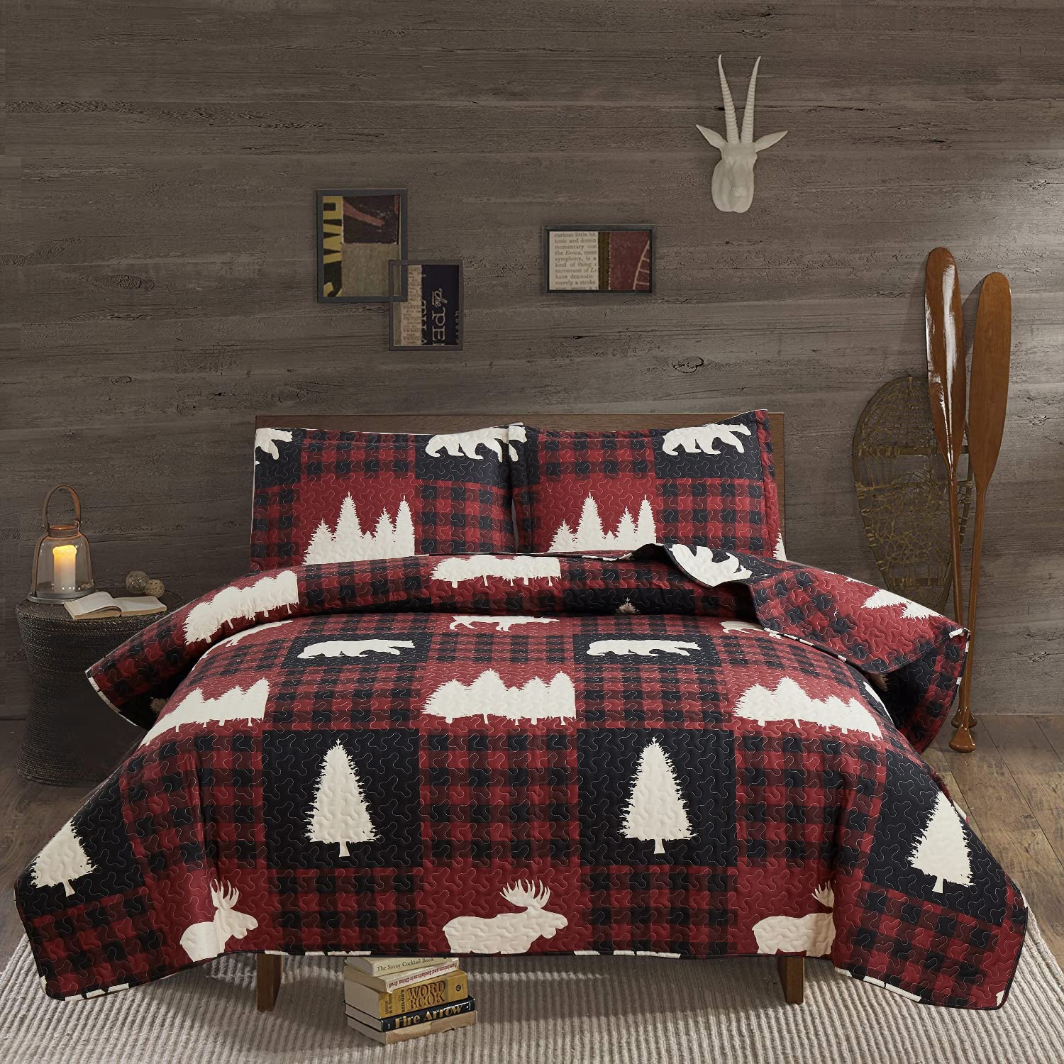 Rustic Buffalo Plaid Quilt Set - Twin Size Red & Black Lodge Bedspread, Lightweight Reversible Coverlet with Forest Moose Bear Design | Perfect for Cabin, Country Home, or Lodge Bedroom Decor