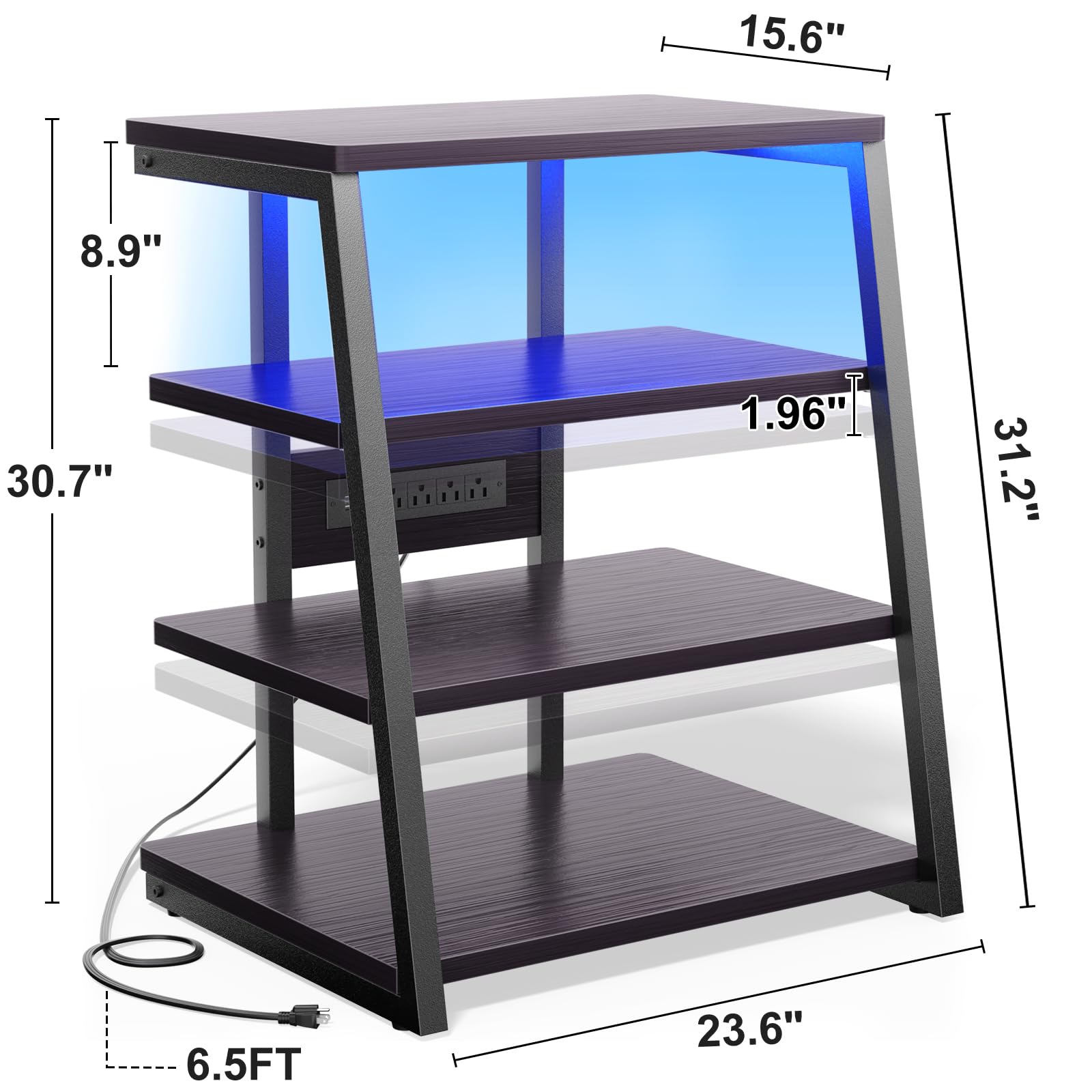 AV Media Stand with Power Outlets & LED Lights - Sturdy Stereo Rack with Storage Shelves, Black Audio Tower Cabinet | Perfect for Home Theater, Gaming Setup & Living Room Entertainment Center