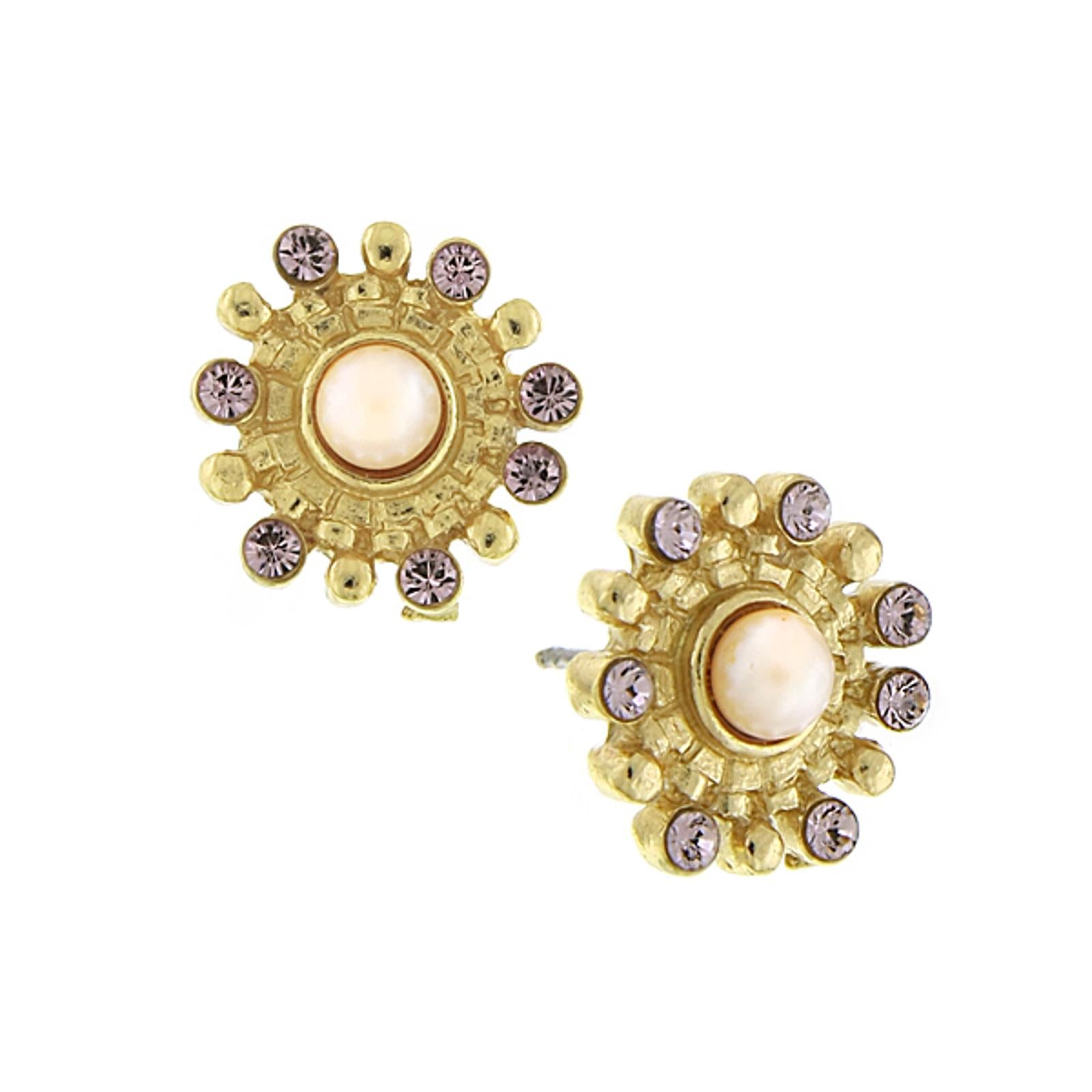 1928 Jewelry Rosabella Pink Faux Pearl & Light Amethyst Crystal Button Earrings for Women - Vintage Style Dangle Earrings for Party, Wedding & Special Occasions