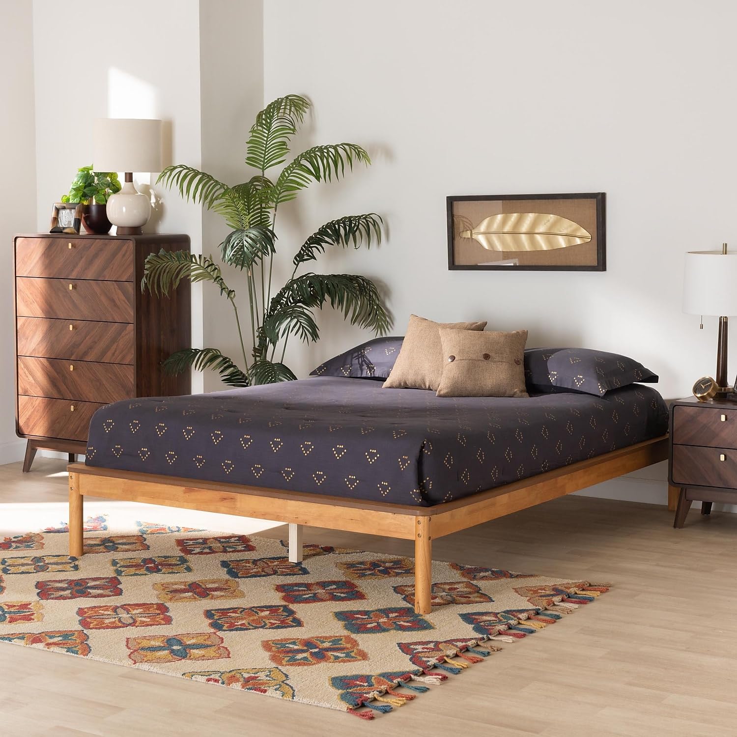 Baxton Studio Efren Queen Bed Frame in Honey Oak - Solid Wood Platform Bed with Headboard - Perfect for Modern Bedrooms & Guest Rooms (236-12785-HiT)