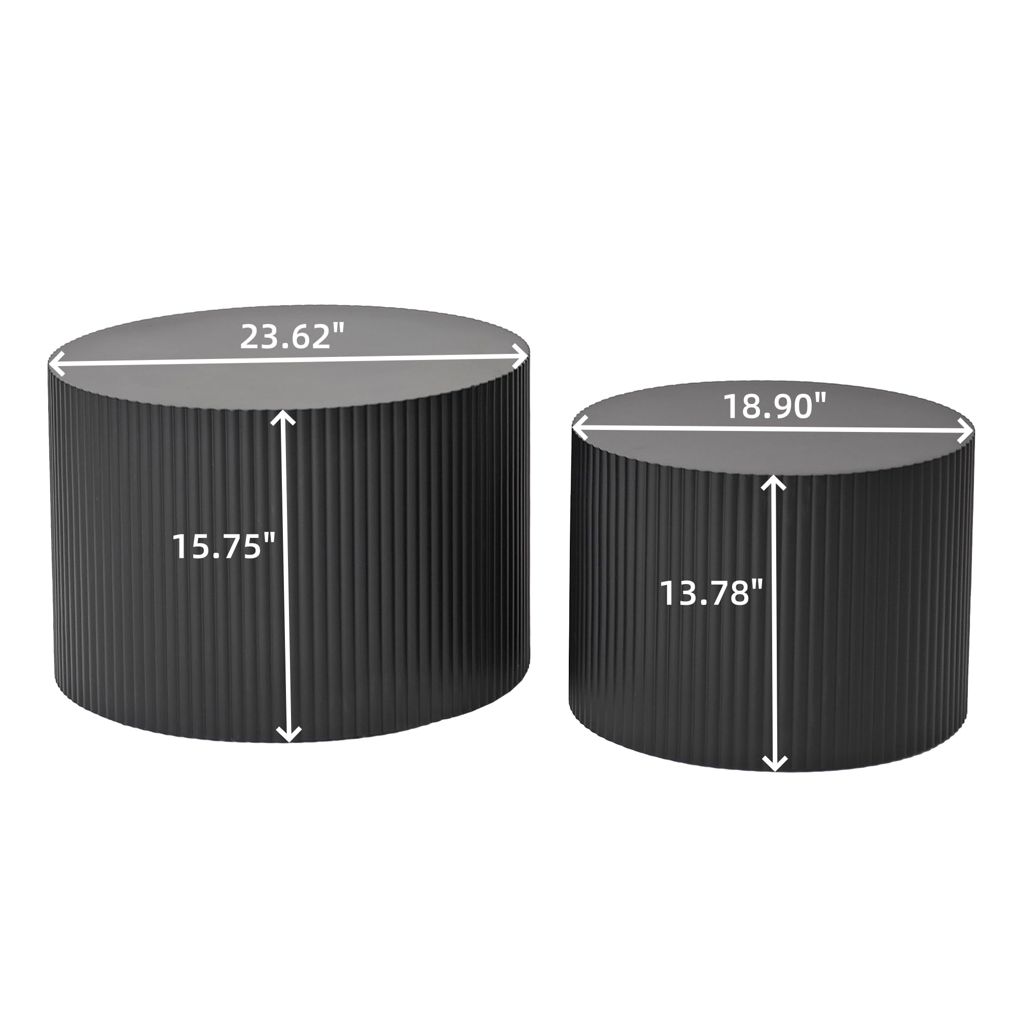 Modern Drum Nesting Coffee Table Set of 2 - Round Wave Stripe Side End Tables for Living Room & Bedroom - Black - Perfect for Small Spaces & Contemporary Home Decor