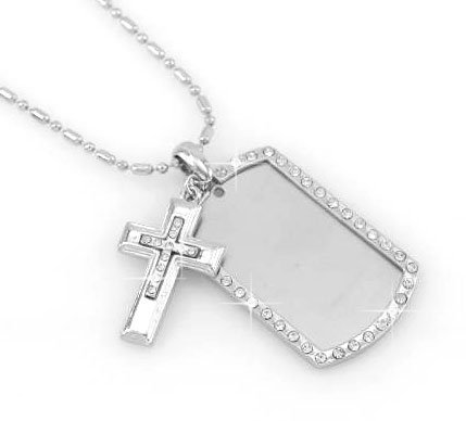 Double Cross Dog Tag Pendant Necklace with Rhinestones - Stylish Military-Inspired Jewelry for Men & Women | Perfect for Everyday Wear, Gifts & Special Occasions