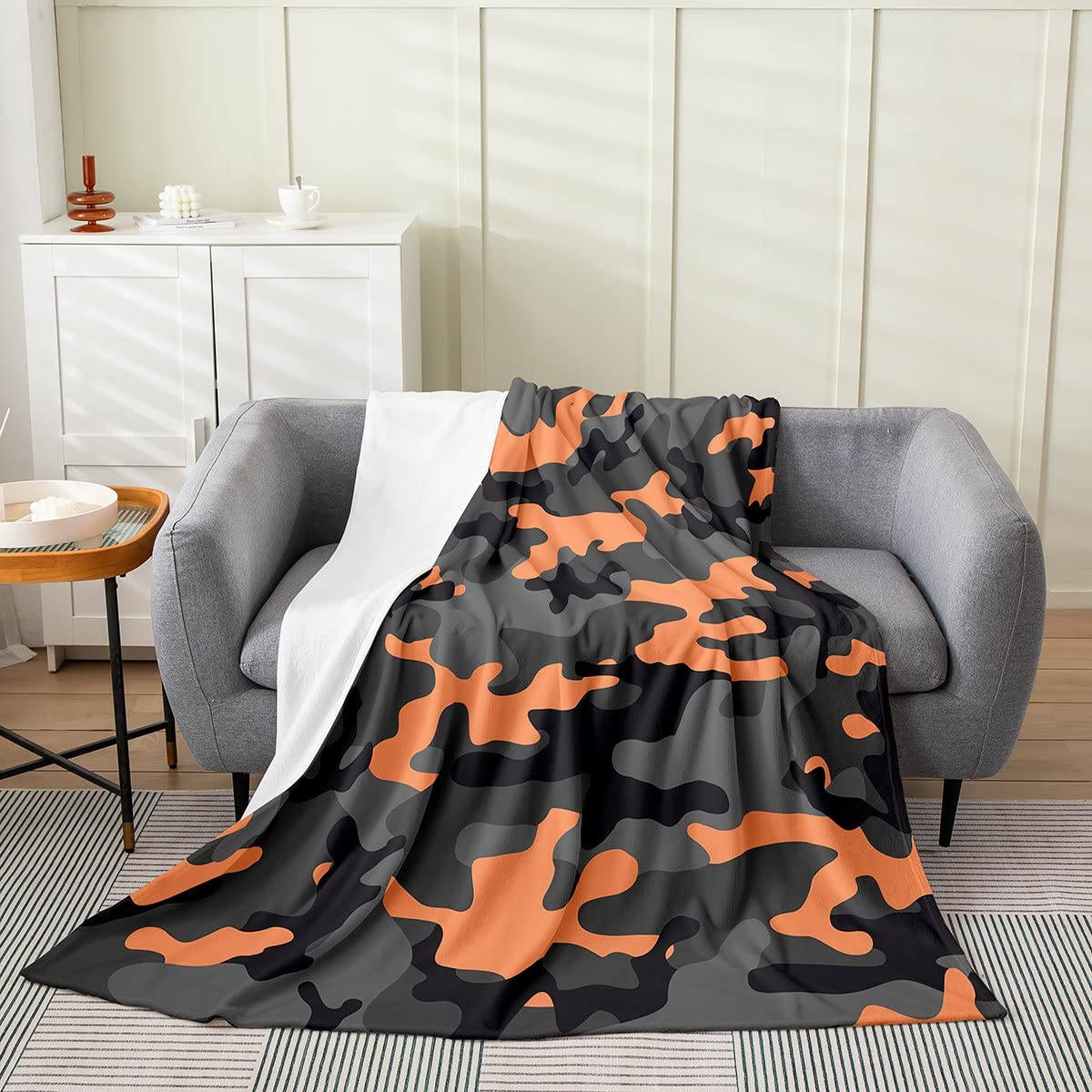 Army Camouflage All-Season Fleece Throw Blanket for Kids & Adults - Soft Flannel Fuzzy Plush Blanket in Camo Orange Black Grey - 90x90 Inch Queen Size Microfiber Blanket for Bedroom Decor, Camping, Dorm Room & Cozy Home Use