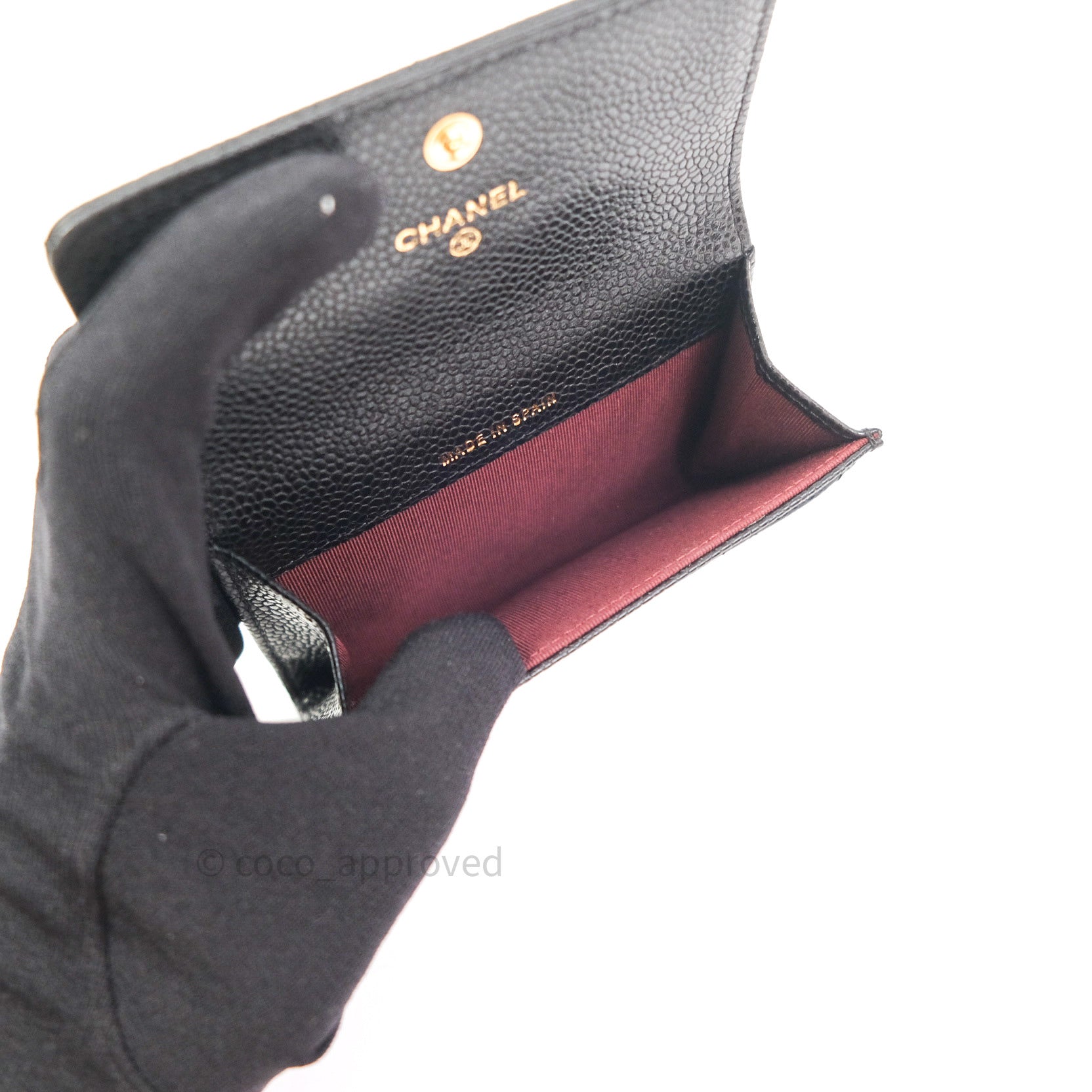 Chanel Black Caviar Leather Card Holder with Gold Snap Button - Compact Wallet for Credit Cards & ID - Perfect for Everyday Use, Travel, and Gifting