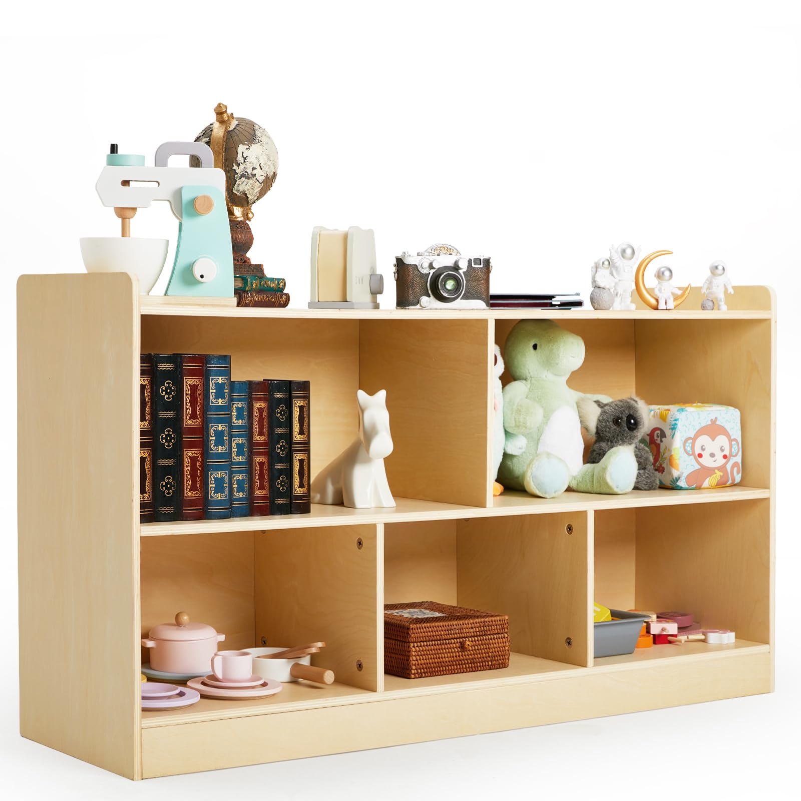 Montessori Wooden Toy Storage Organizer - 2-Shelf Bookcase & 5-Section Cabinet for Kids Books & Toys | Natural Wood Nursery Shelf for Playroom, Kindergarten & Toddler Bedroom Organization