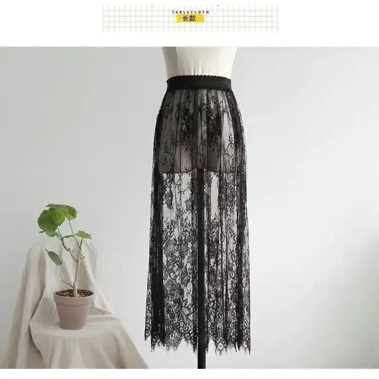 Elegant Black and White Lace High Waist Midi Skirt - Long Tulle Skirt with Elastic Waistband for Women - Perfect for Beach, Wedding, Party & Formal Occasions