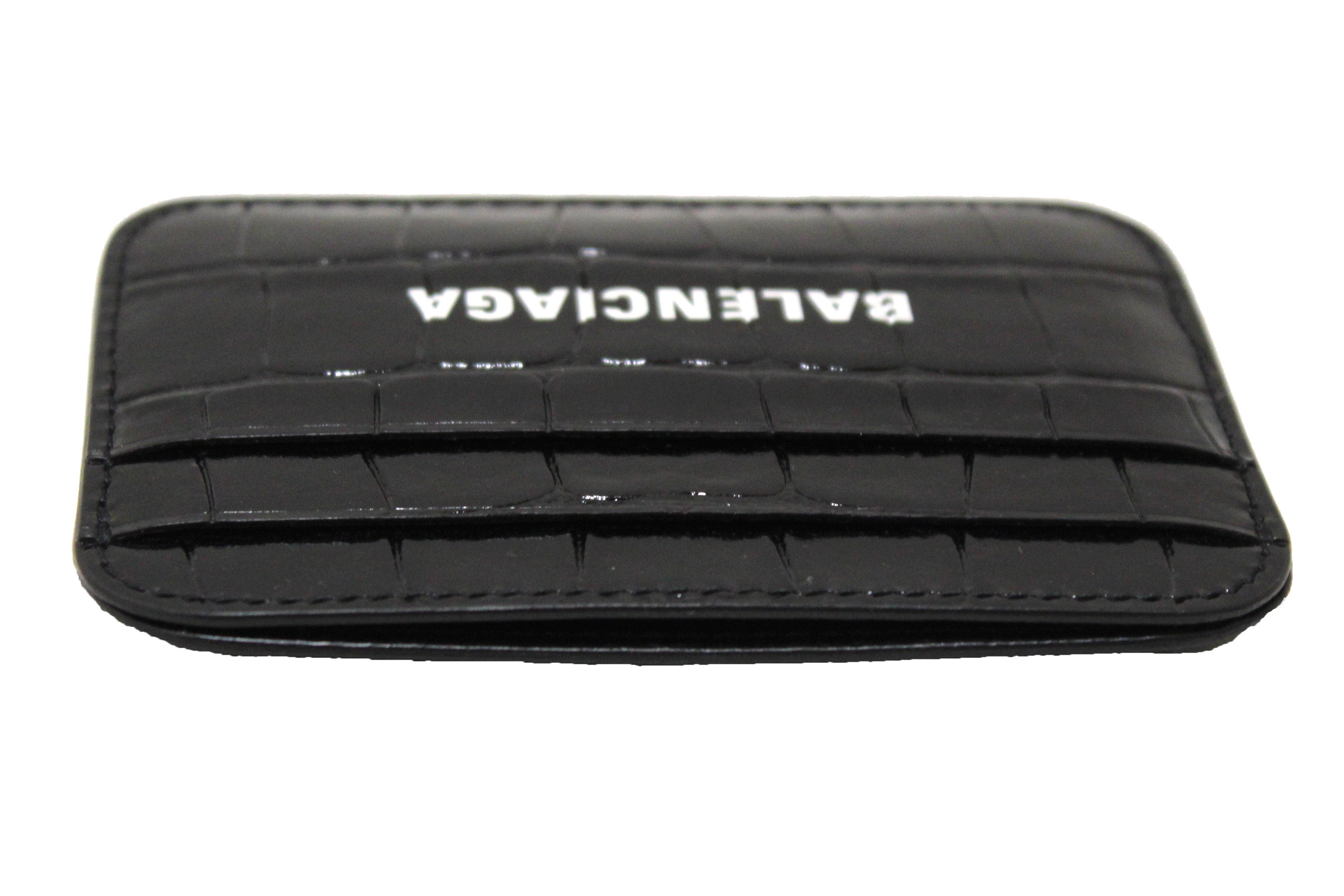 Authentic Balenciaga Black Crocodile Embossed Calfskin Card Holder Wallet - Luxury Slim RFID Blocking Credit Card Case for Men & Women | Perfect for Everyday Use, Travel & Gifts
