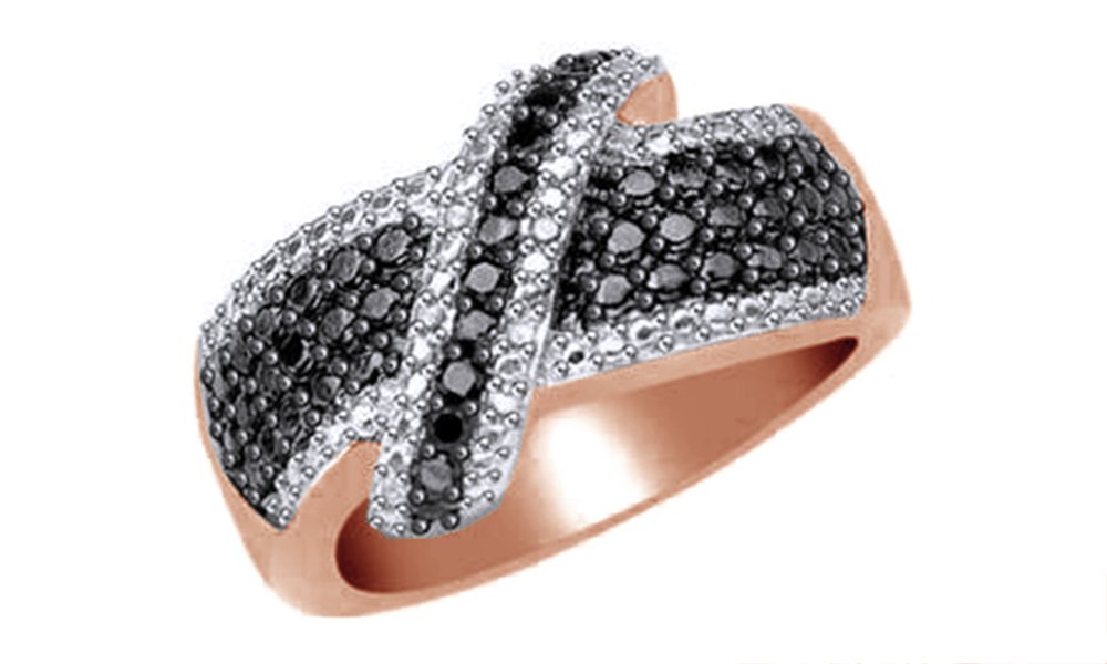 14K Gold Over Sterling Silver Black & Natural Diamond Cross Ring for Engagement & Wedding - 0.1 Cttw, Elegant Religious Jewelry Gift for Her (Perfect for Valentine's Day, Anniversary & Proposal)