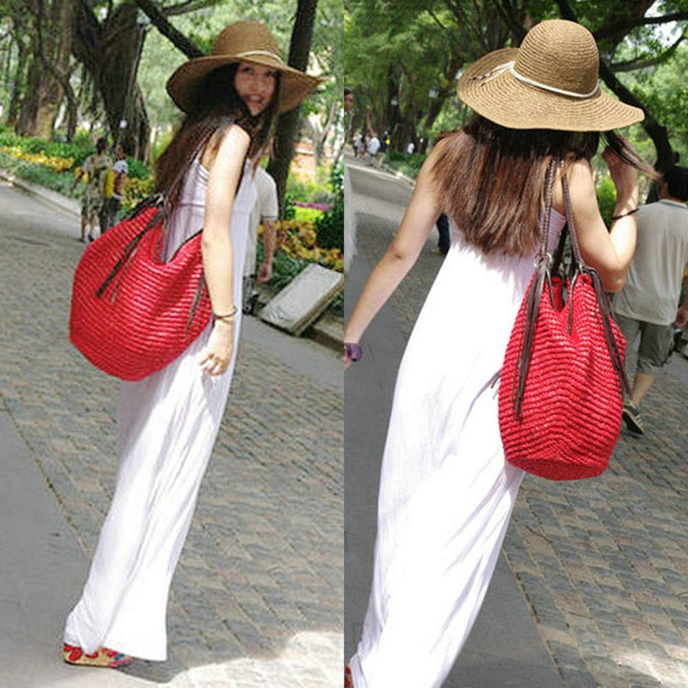 Boho Straw Shoulder Bag with Leather Tassels - Summer Beach Tote for Women