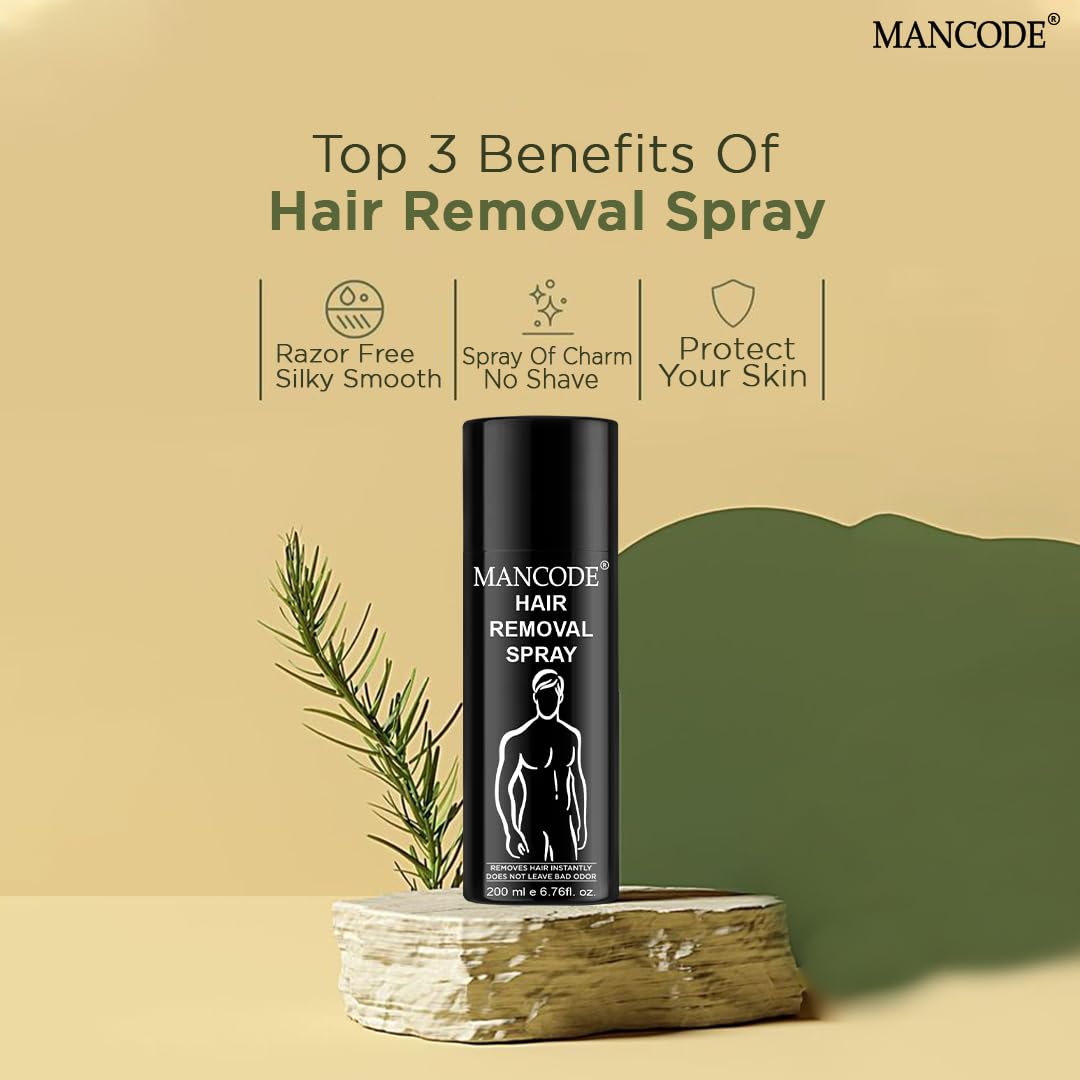 Mancode Hair Removal Spray for Men - Painless Body Hair Remover for Back, Chest, Legs, Arms & Intimate Areas - Fast Acting in 3-6 Minutes - 200ml - Ideal for Smooth Skin Before Beach, Gym or Date Night