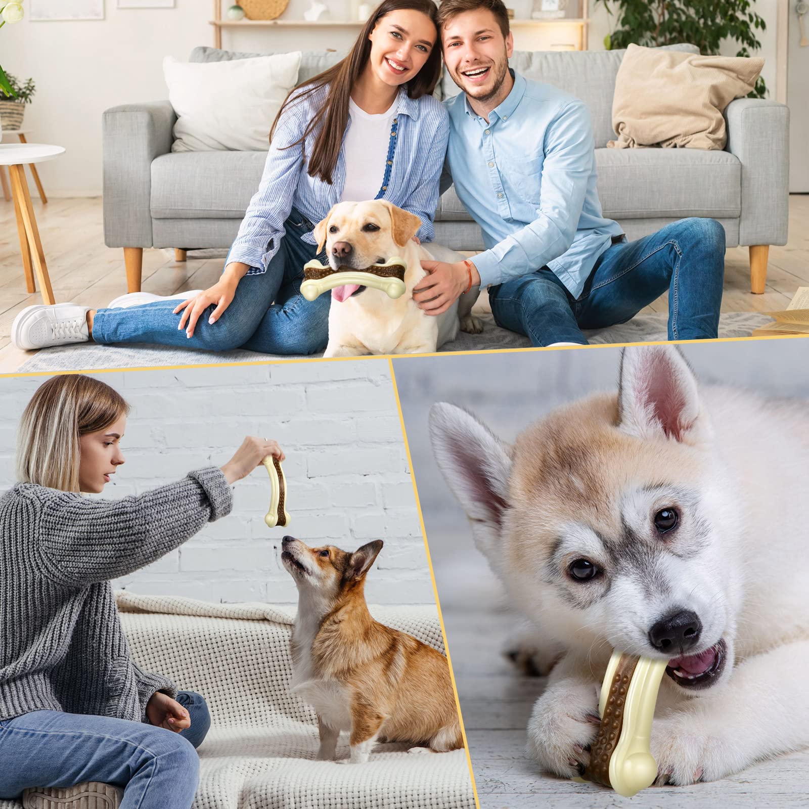 **Sosation 3 Pack Durable Nylon Dog Chew Toys for Aggressive Chewers - Beef Flavor Puppy Teething Bones for Large, Medium & Small Breeds (Large, Curved Bone) - Perfect for Training, Anxiety Relief & Dental Health**