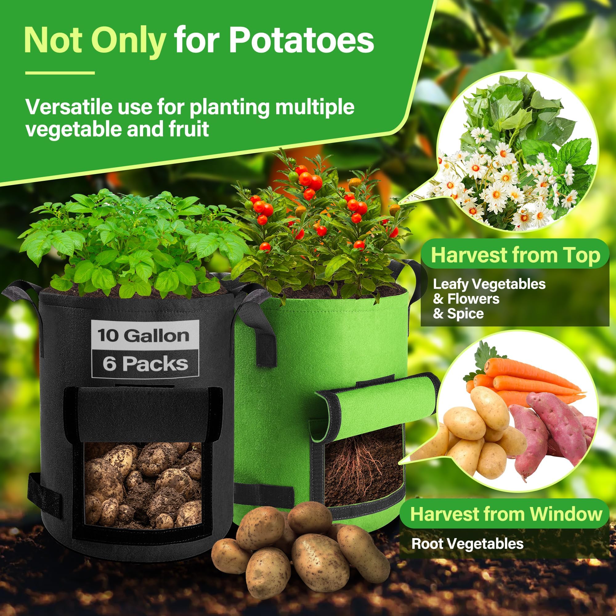 6 Pack 10 Gallon Potato Grow Bags with Flap & Harvest Window - Durable Fabric Garden Planter Pots for Vegetables, Fruits, Herbs - Ideal for Patio, Balcony & Indoor Gardening (Black & Green)