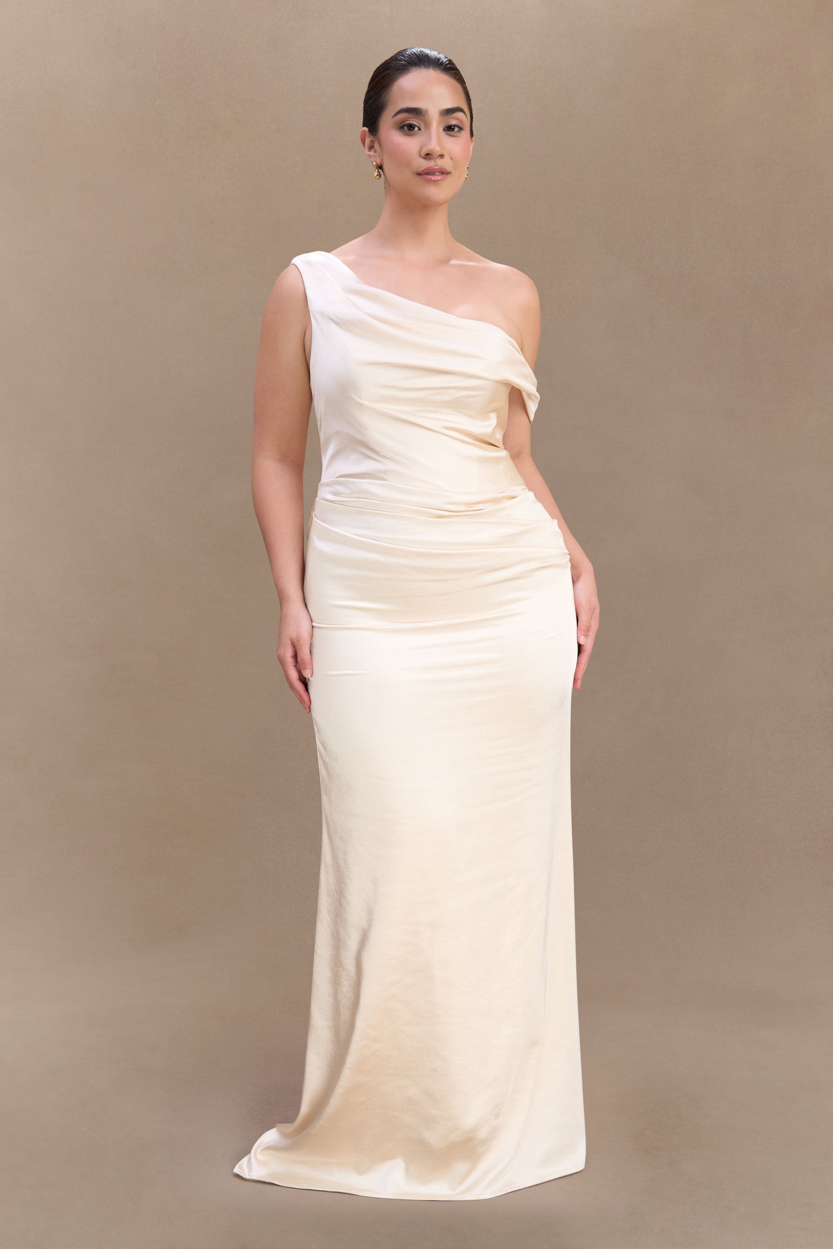 Dalia Off Shoulder Satin Maxi Dress in Blush Gold - Elegant Formal Gown for Weddings, Prom & Evening Parties
