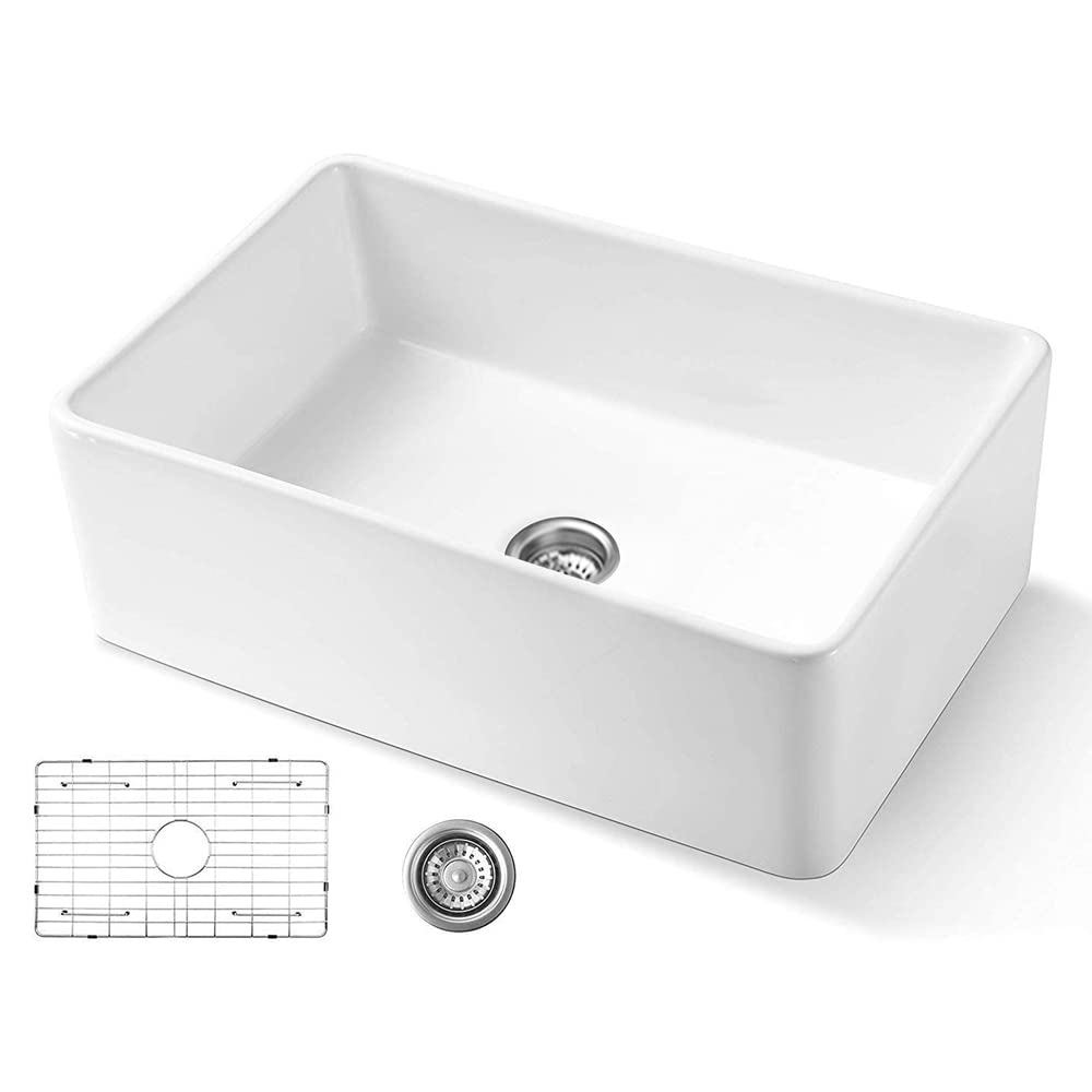 Hercate 30 Inch White Farmhouse Kitchen Sink - Apron Front Fireclay Ceramic Porcelain Single Bowl Reversible Sink for Modern Farmhouse & Rustic Kitchen Decor