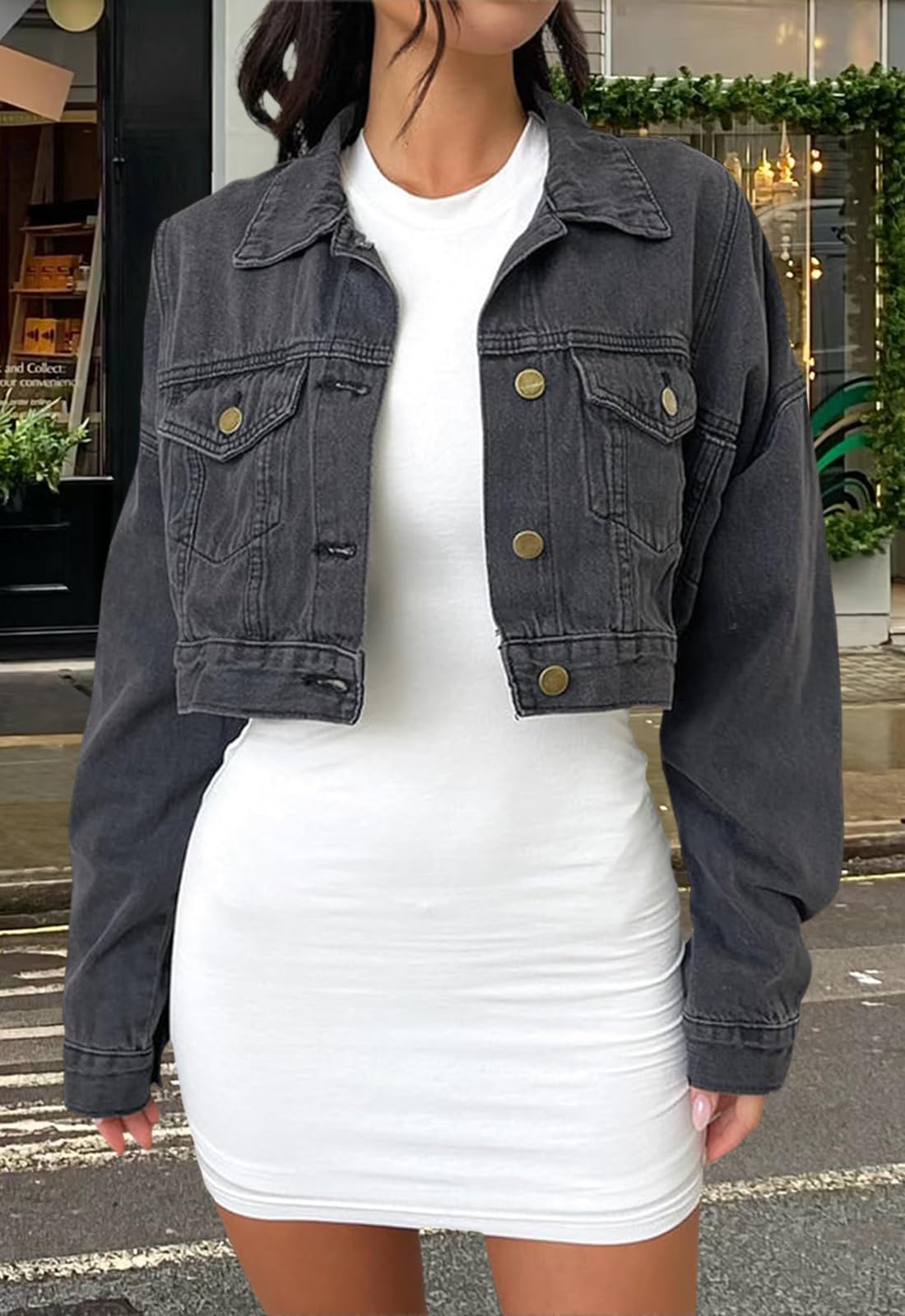 Women's Denim Cropped Jacket - Long Sleeve Button Down Shirt Coat for Casual Outfits | Perfect for Spring Layering, Date Nights & Streetwear Fashion
