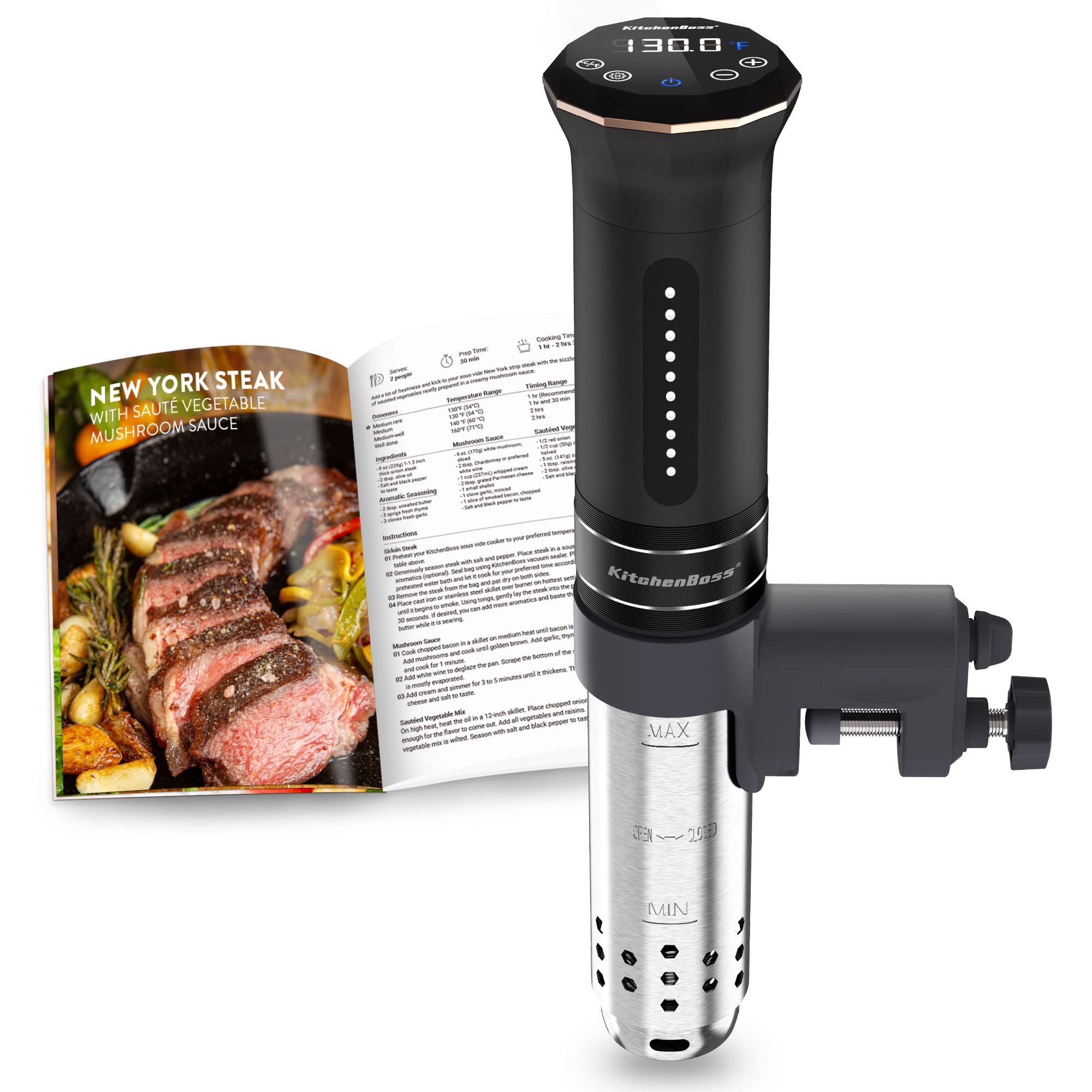 KitchenBoss G300 Sous Vide Cooker Machine - 1100W IPX7 Waterproof Immersion Circulator with Digital Display & Precise Temperature Control - Includes 5 Vacuum Sealer Bags (Black) | Perfect for Steak, Chicken, Fish & Meal Prep at Home