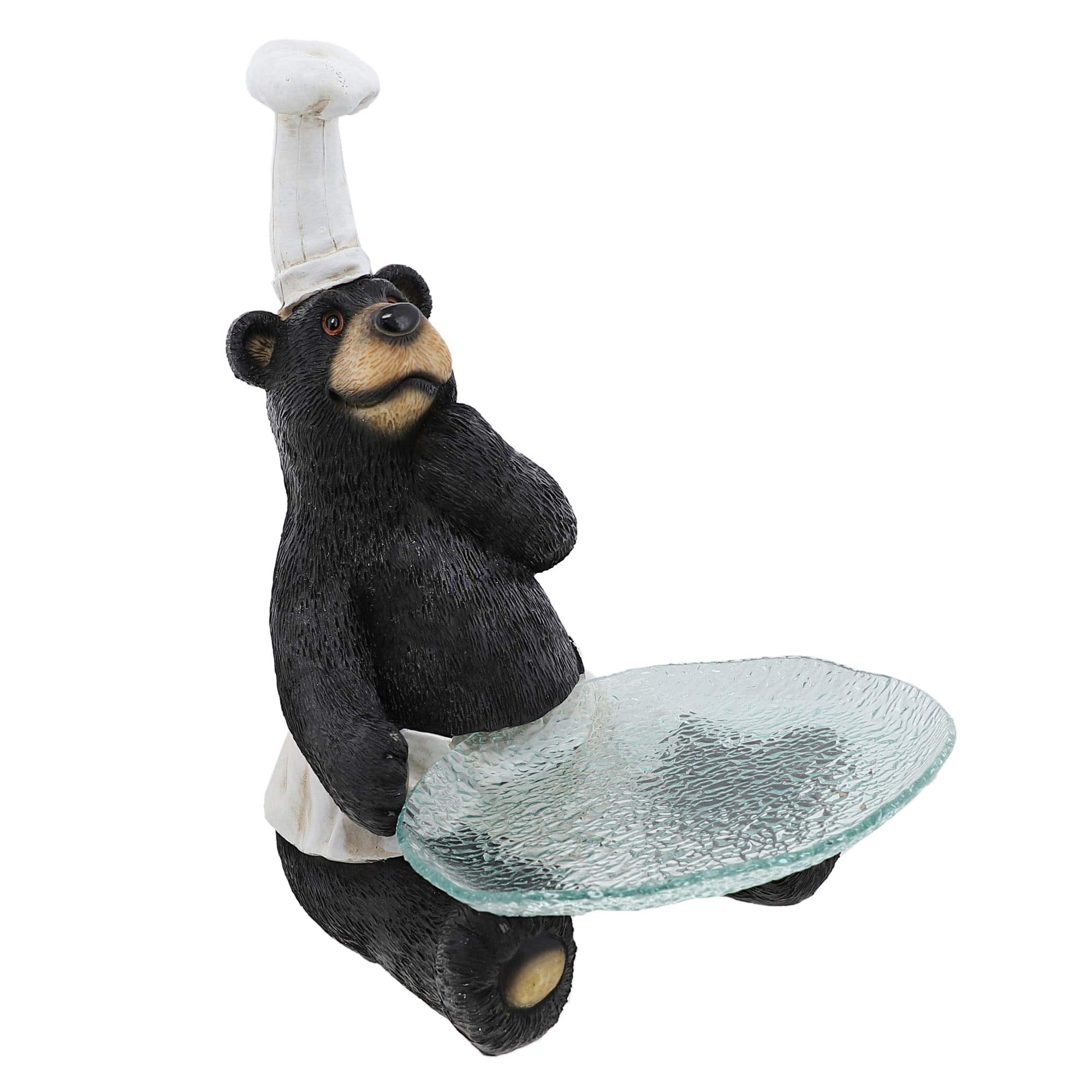 Servette Home Polyresin & Glass Bear Chef Candy Dish - Rustic Cabin Lodge Decor for Kitchen Counter, Dining Table, or Gift Giving