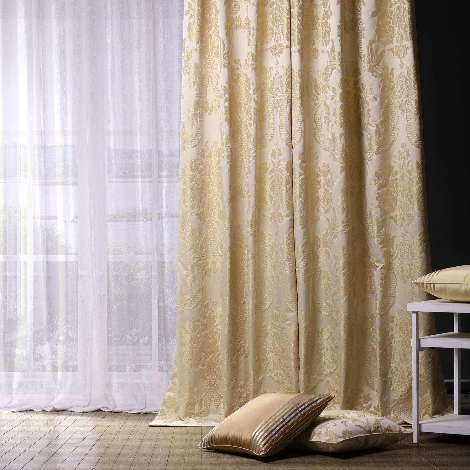 Magdelena Champagne Beige Damask Jacquard Faux Silk Custom Curtains - Elegant Window Treatments for Living Room & Bedroom Decor