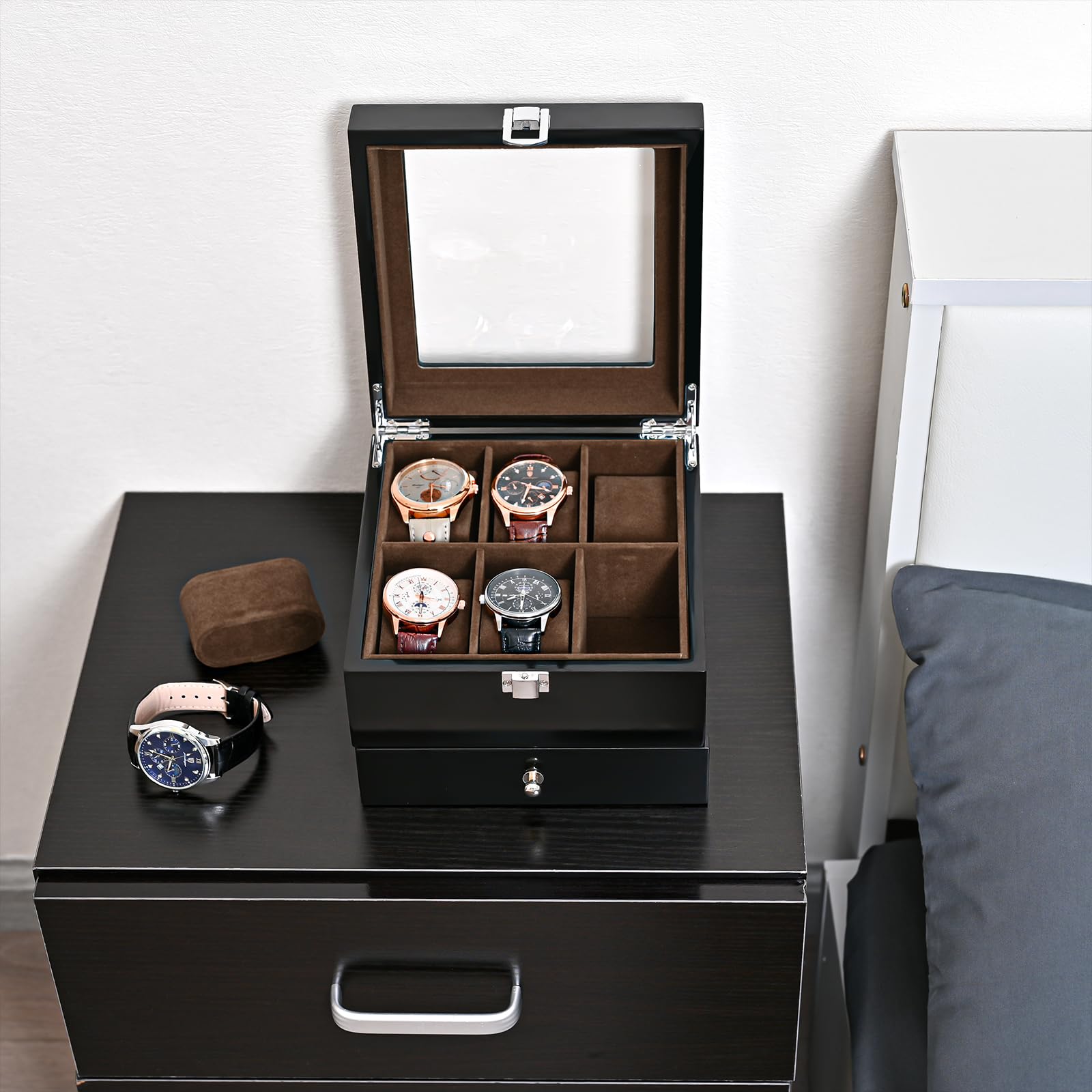 ProCase 6-Slot Lacquered Wooden Watch Box for Men - Premium Watch Organizer with Glass Top & 2-Tier Display Case - Perfect for Wristwatch Storage, Collection Display, and Travel (Black)