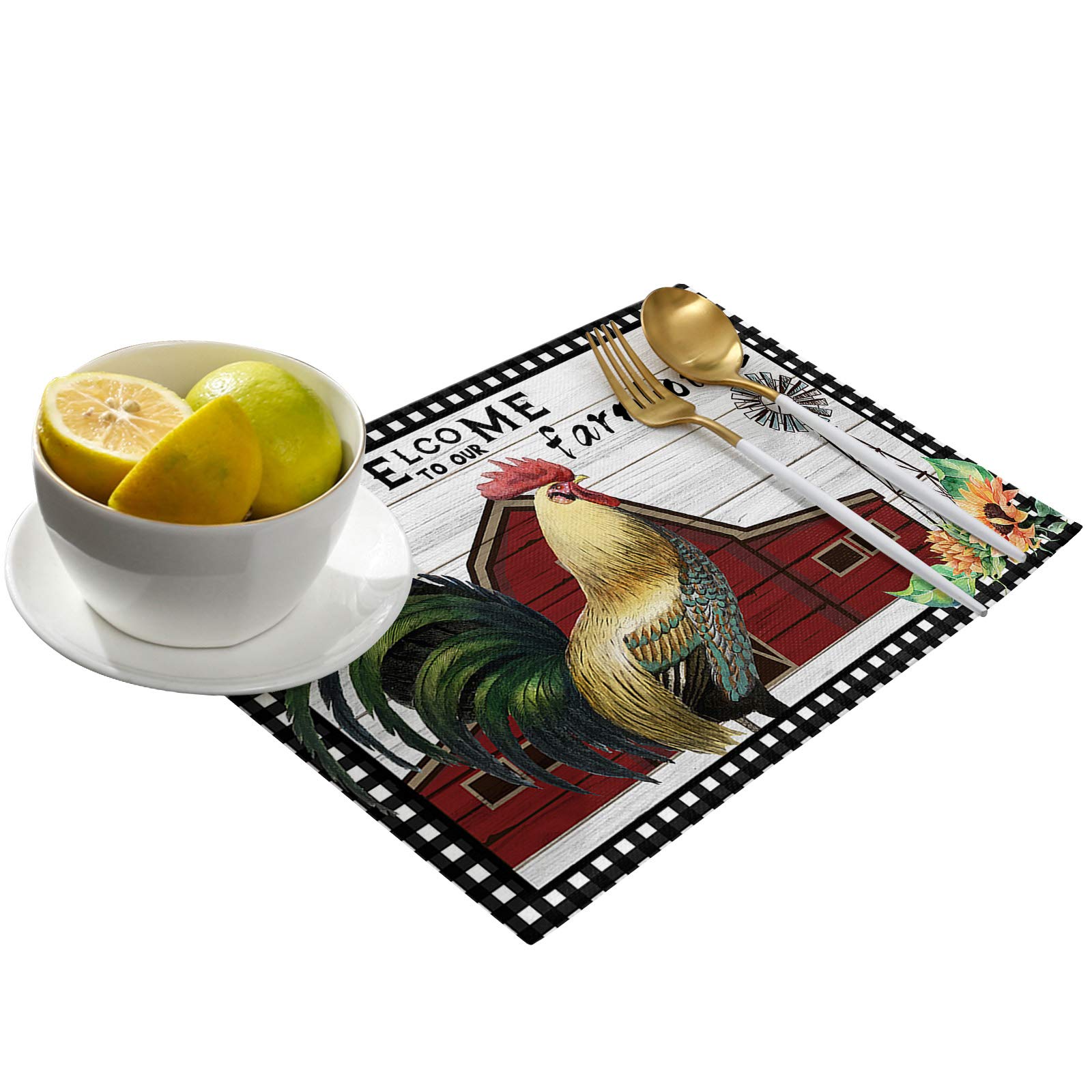 Farmhouse Style Washable Placemats Set of 6 - Rooster Welcome Design, Black White Plaid Wooden Stripes, 13