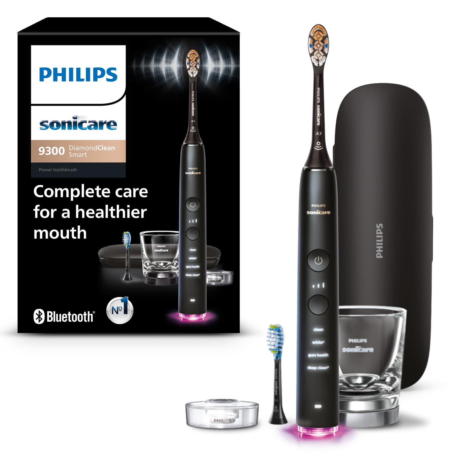 Philips Sonicare DiamondClean Smart 9300 Electric Toothbrush - Sonic Toothbrush with Bluetooth App, Pressure Sensor & Brush Head Detection, 4 Modes & 3 Intensity Levels, Black (HX9903/15) - Perfect for Travel, Home & Professional Dental Care