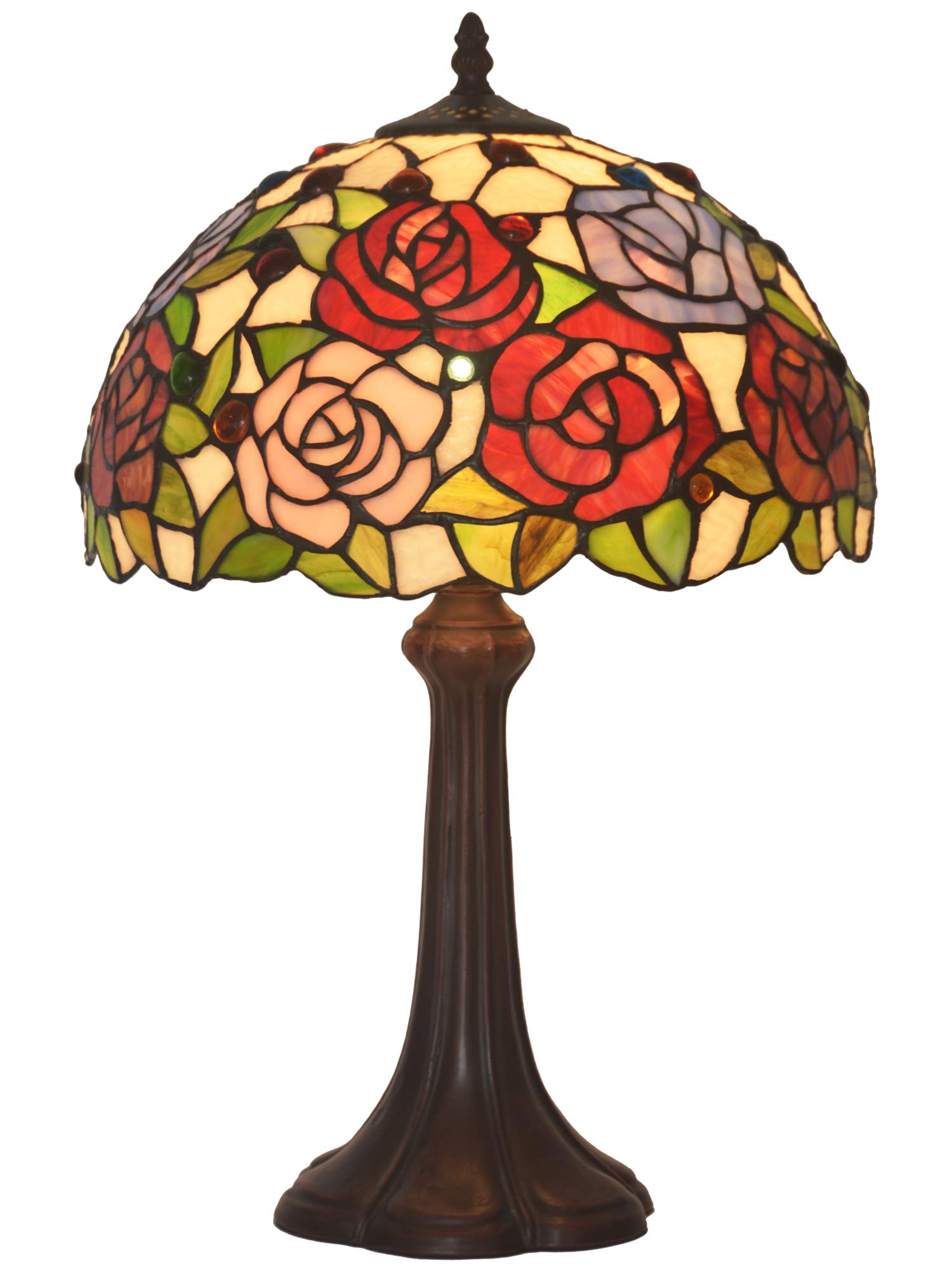 Tiffany Style Table Lamp with Multicolored Bead Rose Cream Stained Glass Shade & Zinc Alloy Base - Handmade Traditional Decorative Lighting for Dining Room, Living Room, Bedroom, Nightstand, Dresser - Perfect Gift for Women, Wife, Daughter