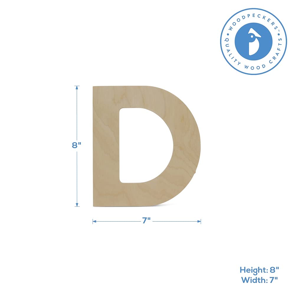 8 Inch Wooden Letter D Cutouts - Pack of 5 Natural Wood Letters for Wall Decor, Home Decor, DIY Crafts, Wedding & Party Decorations - Perfect for Nursery, Classroom, Photo Backdrops & Seasonal Displays