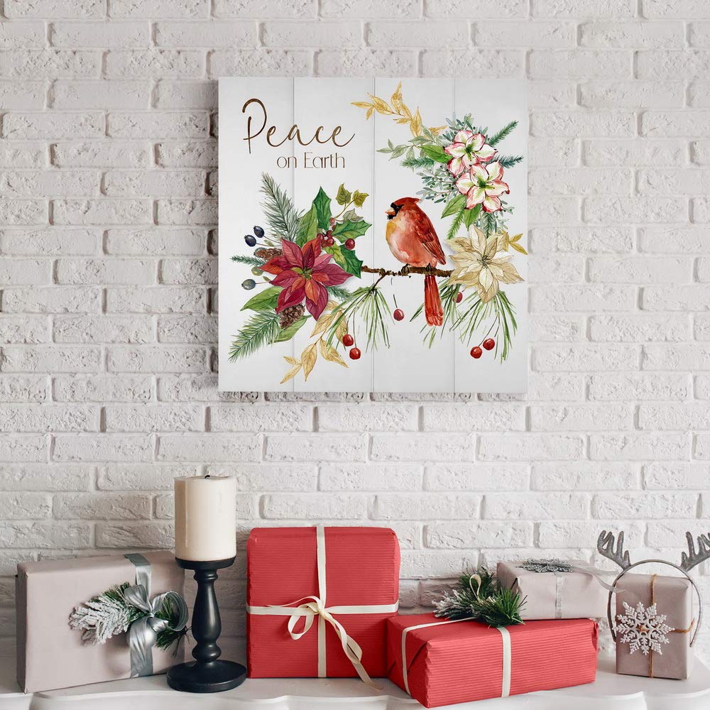 Premium Gallery Wrapped Canvas Wall Art - Peace on Earth Christmas Winter Decor with Poinsettia, Red Cardinal & Pine Cones | Ready to Hang 40x40 Inches | Made in USA | Perfect for Holiday Home Decor, Living Room, Office & Gift Giving