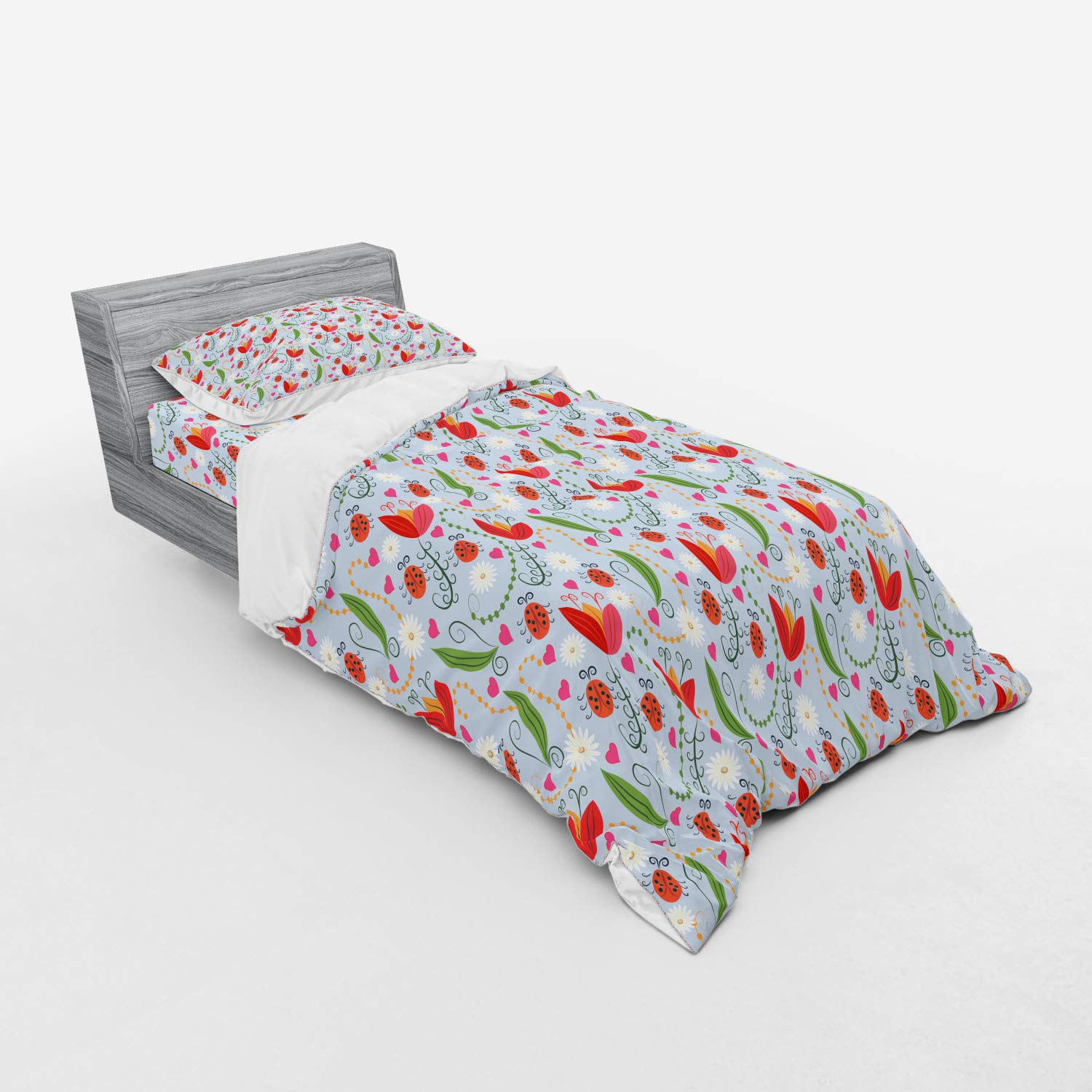 Ambesonne Floral Duvet Cover Set - 3 Piece Twin Size Bedding with Sham & Fitted Sheet, Romantic Spring Nature Design Featuring Tulips, Daisy Petals, Swirls & Ladybugs - Perfect for Bedroom Decor, Guest Room & Spring Themed Home Styling