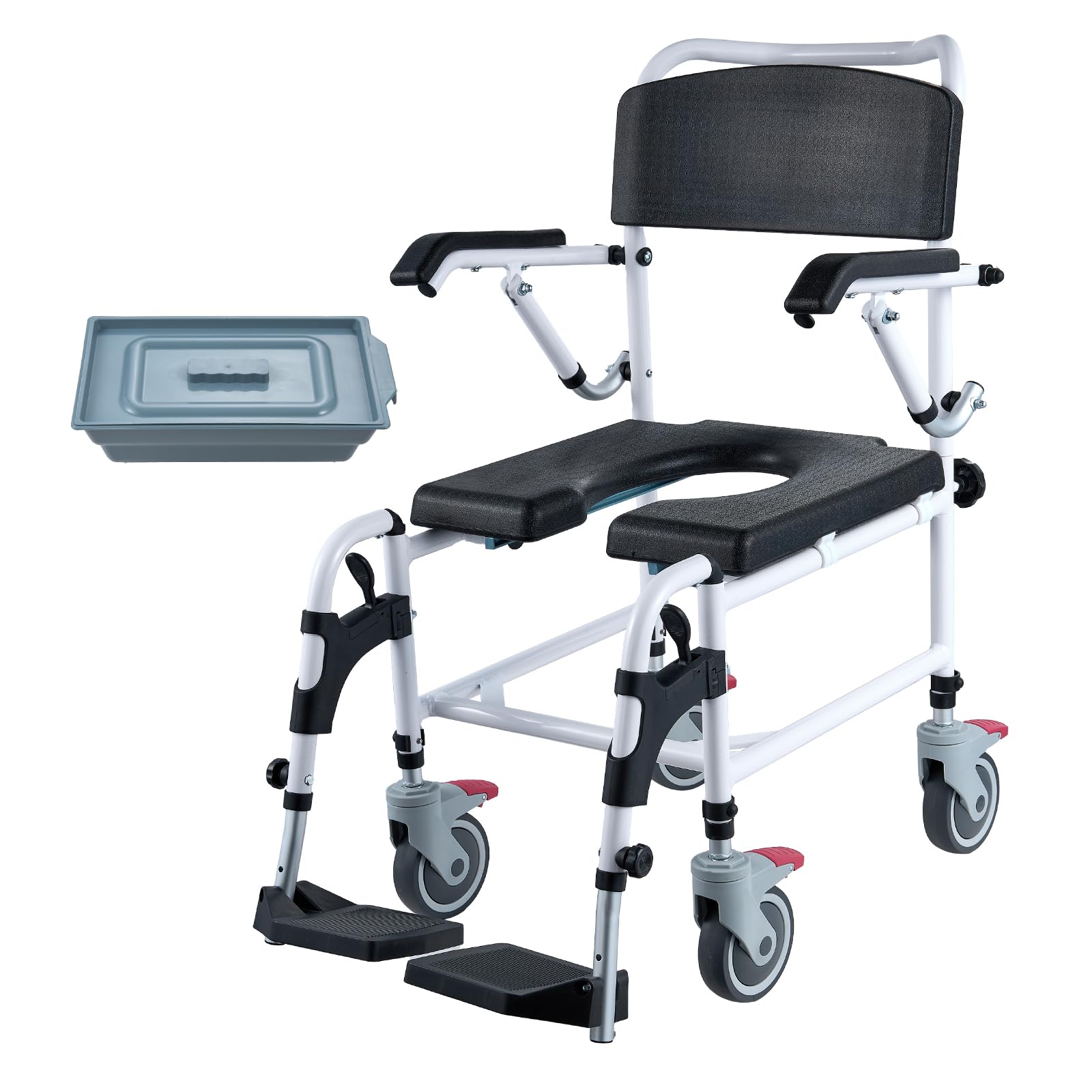 VEVOR Shower Commode Wheelchair with 4 Lockable Wheels & Adjustable Height - 350 LBS Capacity Commode Chair for Adults & Seniors - Ideal for Bathroom Safety, Elderly Care, and Post-Surgery Mobility Assistance