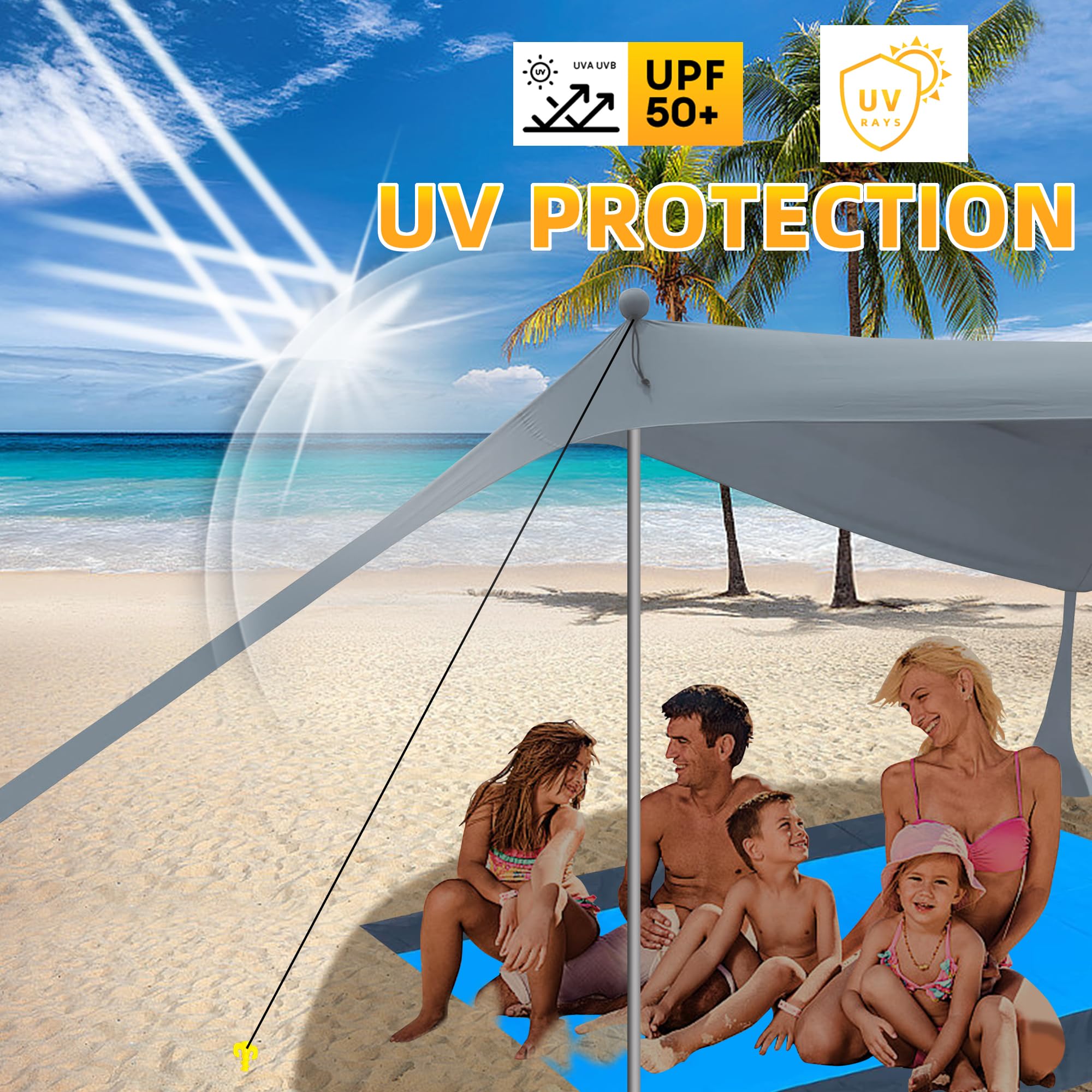 BOTINDO Family Beach Tent Canopy - Pop Up Sun Shade Shelter with 4 Stability Poles & Carry Bag - Portable Outdoor Shade for Beach, Fishing, Camping, Backyard & Picnic Use