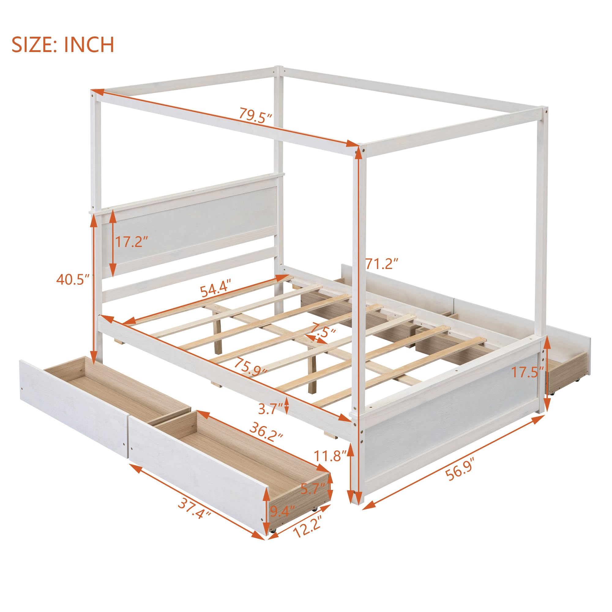 Full Size Canopy Bed with 4 Storage Drawers & Headboard - Wooden Platform Bed Frame, Four Poster Bed in Brushed White - Perfect for Master Bedroom, Guest Room & Small Space Storage Solutions