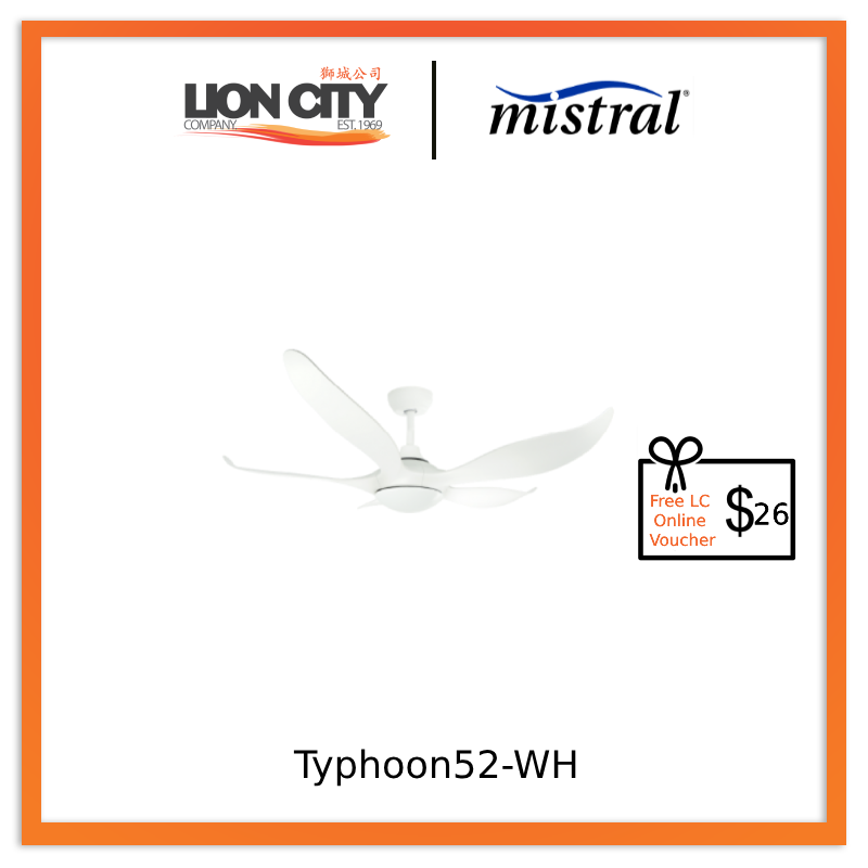 D'Fan Typhoon52 WH 52-Inch Ceiling Fan with Remote Control, 45W Energy Efficient, Quiet DC Motor - Perfect for Living Room, Bedroom, and Outdoor Patio