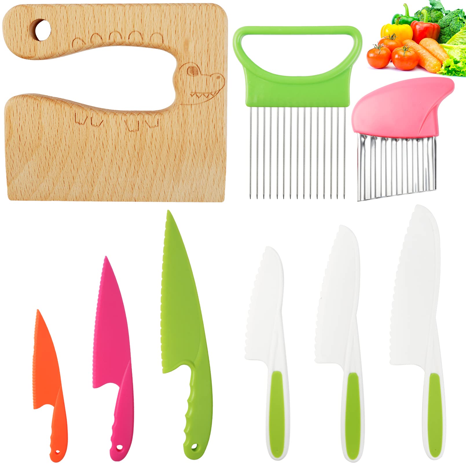 9PCS Kids Plastic Knife Set - BPA-Free Toddler Safe Knives for Real Cooking, Includes 6 Plastic Knives & Wooden Safe Knives with Potato & Onion Slicers - Perfect for Fruit Salad, Bread & Veggie Prep (Crocodile Style) - Ideal for Montessori Learning & Kids Kitchen Activities