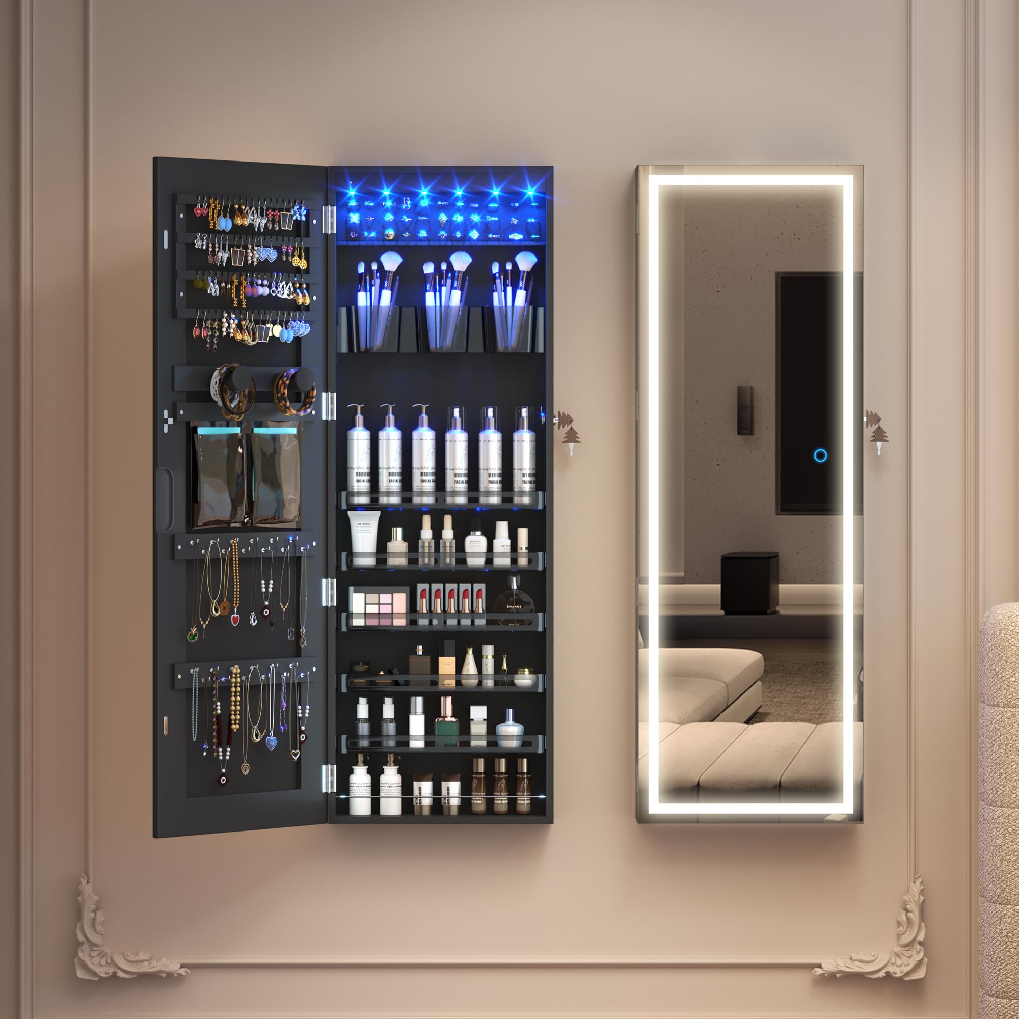 LVSOMT LED Mirror Jewelry Cabinet - Wall Mounted & Over Door Hanging Jewelry Organizer with Lights, Full Length Mirror & Jewelry Storage Armoire (Black) - Perfect for Bedroom, Closet & Dressing Room Organization