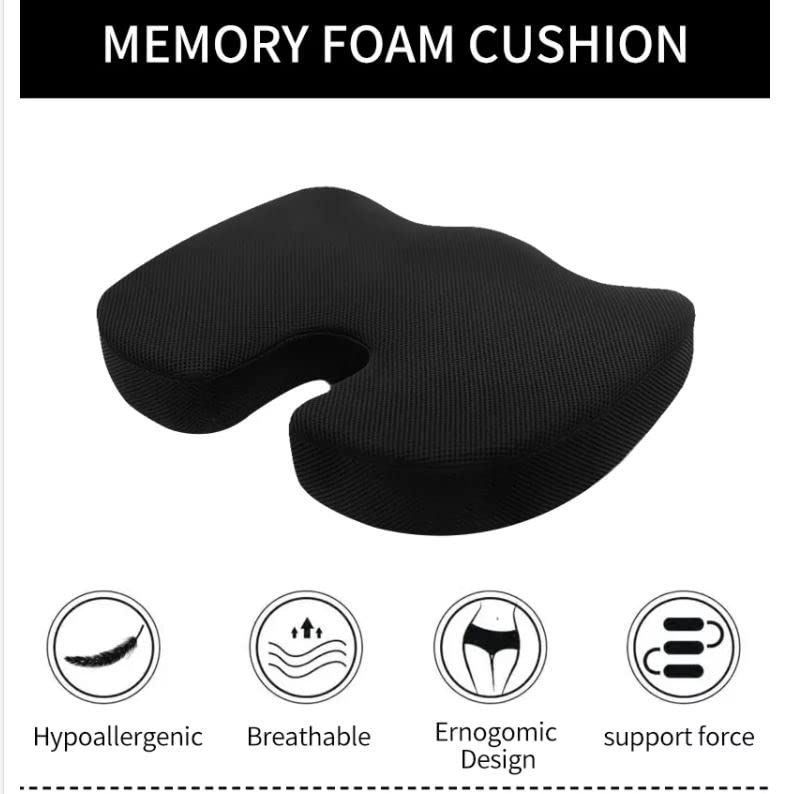 Premium Orthopedic Memory Foam Seat Cushion - Coccyx & Tailbone Pain Relief for Car, Office, Gaming & Boat Chairs - Sciatica Support Pillow with Breathable Mesh Cover (Black) - Perfect for Long Drives, Work from Home & Back Pain Relief