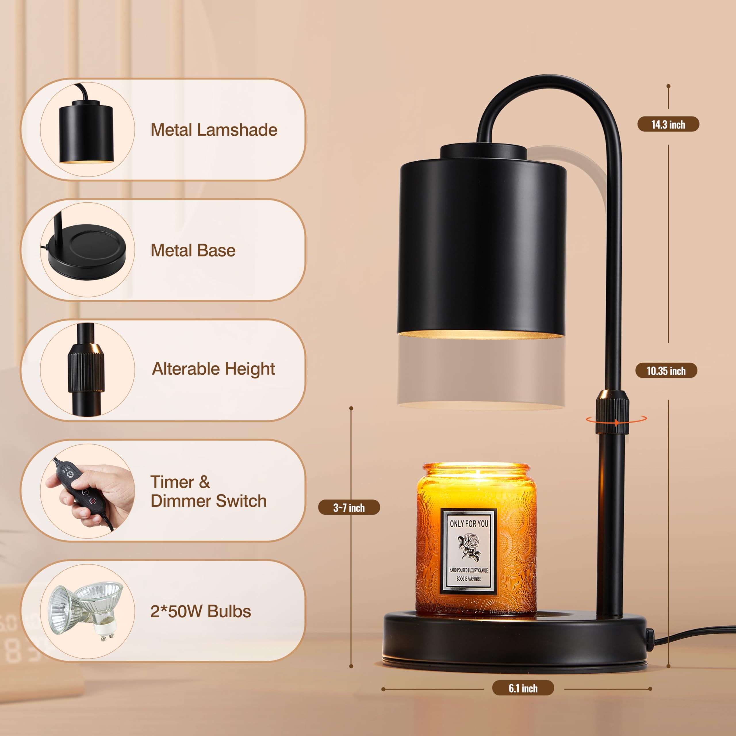 CASTLELIFE Adjustable Candle Warmer Lamp with Timer & Dimmer - Electric Wax Melter for Jar Candles, Home Decor Gift for Mom, Women - Perfect for Bedroom, Living Room, Office & Relaxation (Includes 2 Bulbs, Black)