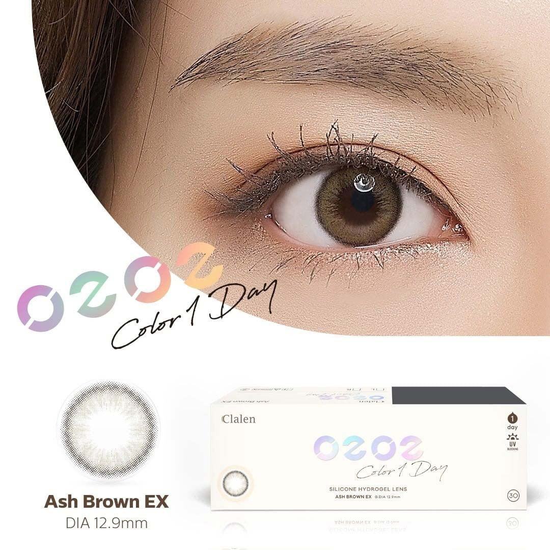 Clalen O2O2 Color 1Day Ash Brown EX (30pcs) Silicone Hydrogel Colored Contact Lenses - Natural Eye Color Enhancement for Daily Wear & Special Occasions