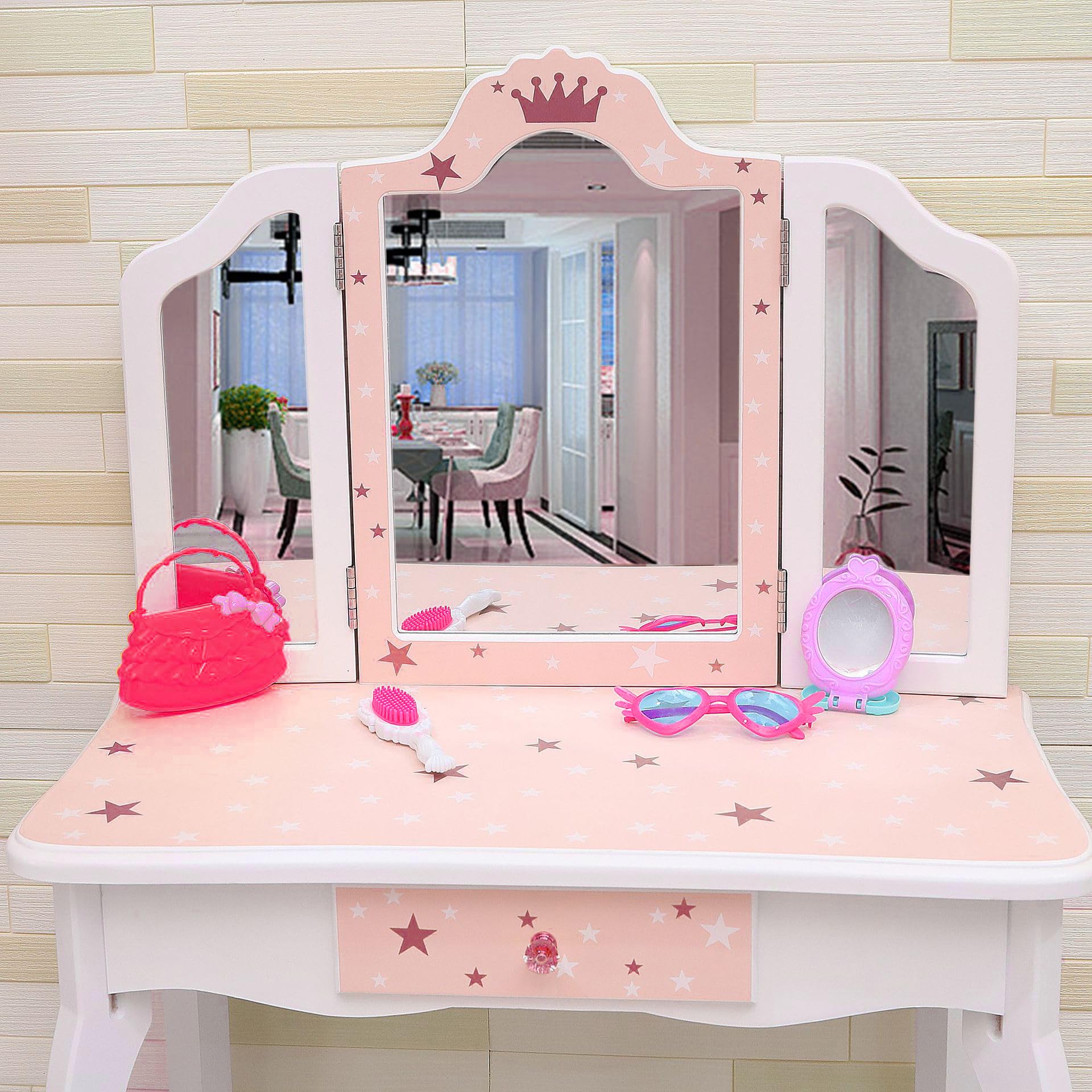 Memoryfield Kids Vanity Set - Wooden Princess Makeup Dressing Table with Mirror, Stool & Drawer | 2-in-1 Toddler Vanity Desk for Girls | Pretend Play, Birthday Gift & Bedroom Decor (Pink/White) - Perfect for Playrooms, Birthday Parties & Imaginative Play