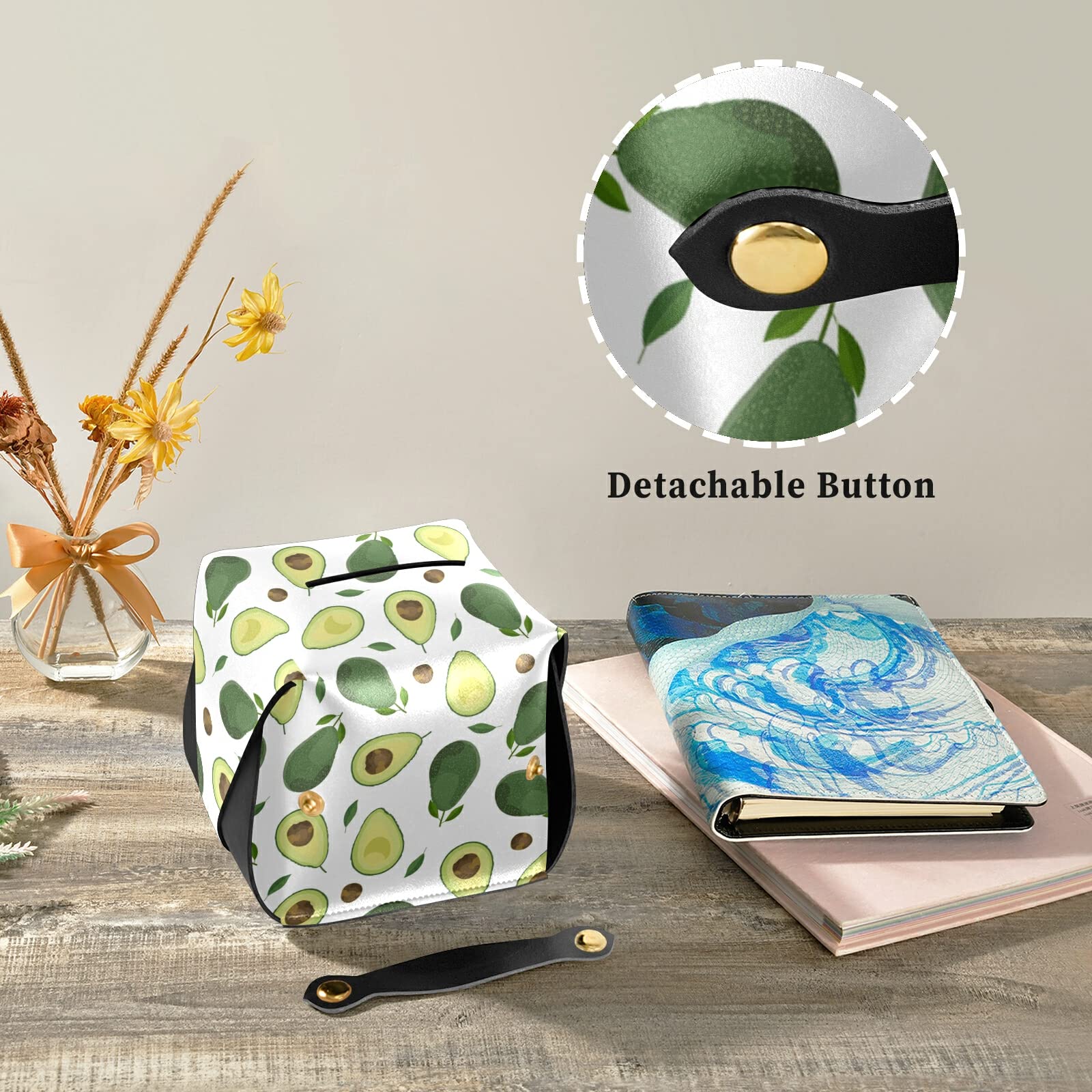 Stylish PU Leather Avocado Tissue Box Cover - Modern Rectangular Napkin Holder with Handle for Bathroom, Vanity & Home Decor | Perfect for Living Room, Bedroom & Office Organization