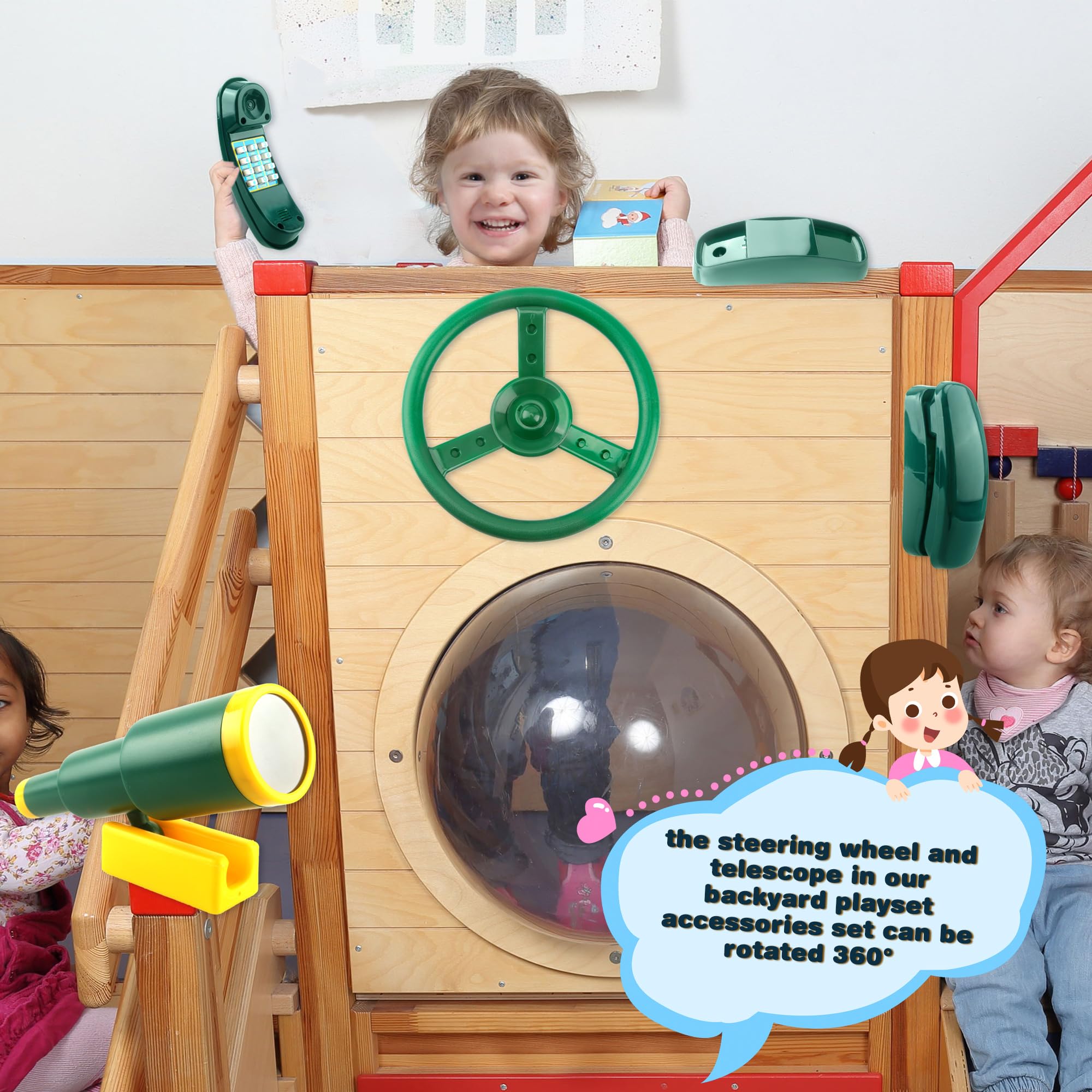 Kids Outdoor Playground Swing Set Accessories - Plastic Steering Wheel, Telescope & Telephone Toy for Backyard, Treehouse & Park Play (Fun for Pretend Play & Adventure)