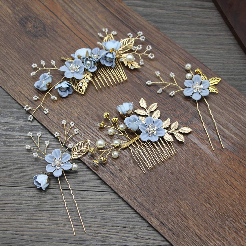 NUOBESTY 4 Pcs Rhinestone Crystal Floral Wedding Hair Comb Set - Bridal Hair Clips & Pins for Women, Hair Jewelry Accessories for Wedding, Prom, Party - Blue