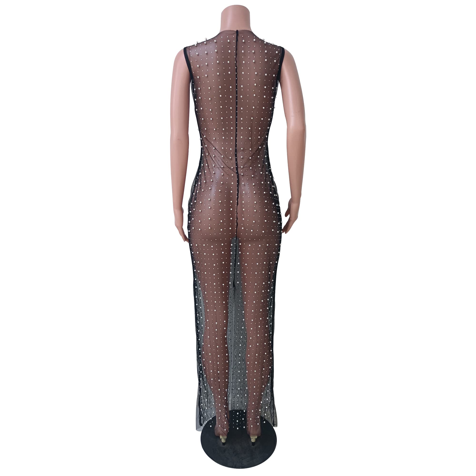 Aelidiya Women's Sleeveless Mesh Swimsuit Cover Up Dress with Pearl Rhinestone Details - Beach Maxi Dress, See Through Bikini Swimwear Cover Up - Perfect for Pool Parties, Vacations & Summer Getaways