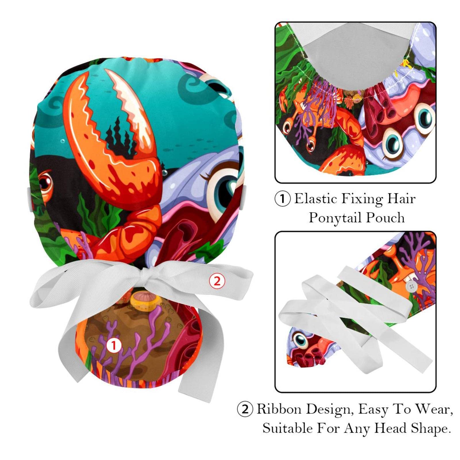 Steam Train Print Scrub Hats for Women & Men - 2 Pack Long Hair Surgical Caps with Button Closure & Sweatband - Unisex Tie Back Nurse Hats for Healthcare Workers, Doctors, Dentists & Hospital Staff